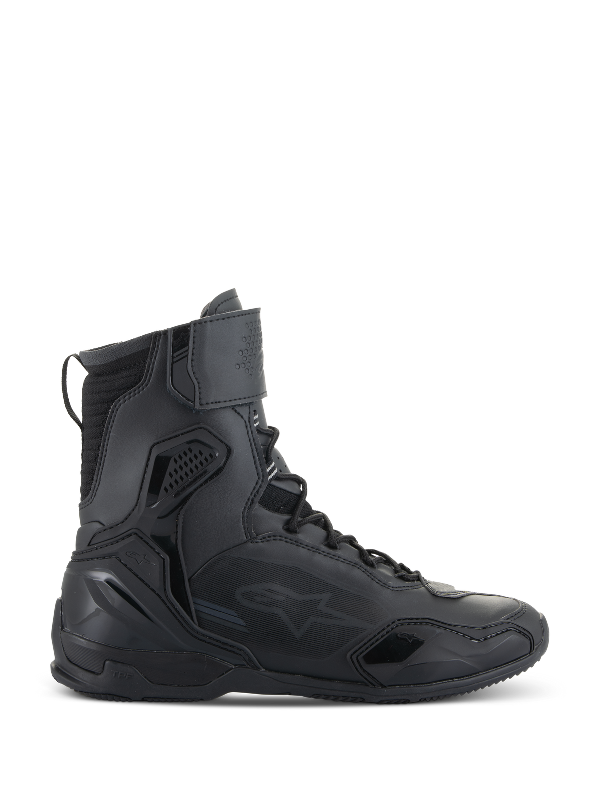 Buty Alpinestars Superfaster, buty motocyklowe, czarne, widok z boku na wysokie obuwie techniczne ze zintegrowaną ochroną, systemem szybkiego sznurowania i paskiem na rzep przy kostce