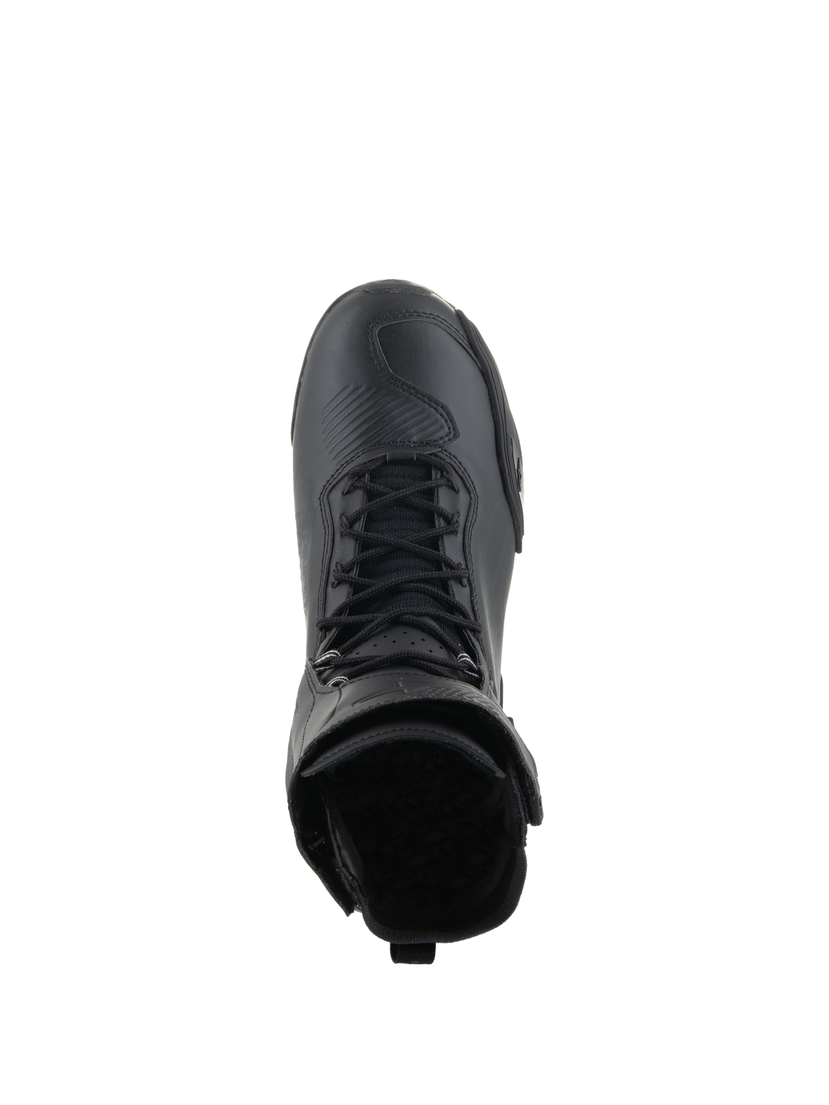Buty Alpinestars Superfaster, buty motocyklowe, całe czarne, widok z góry podkreślający system szybkiego sznurowania i wysoki kołnierz, smukły techniczny design ze wzmocnionym obszarem palców.