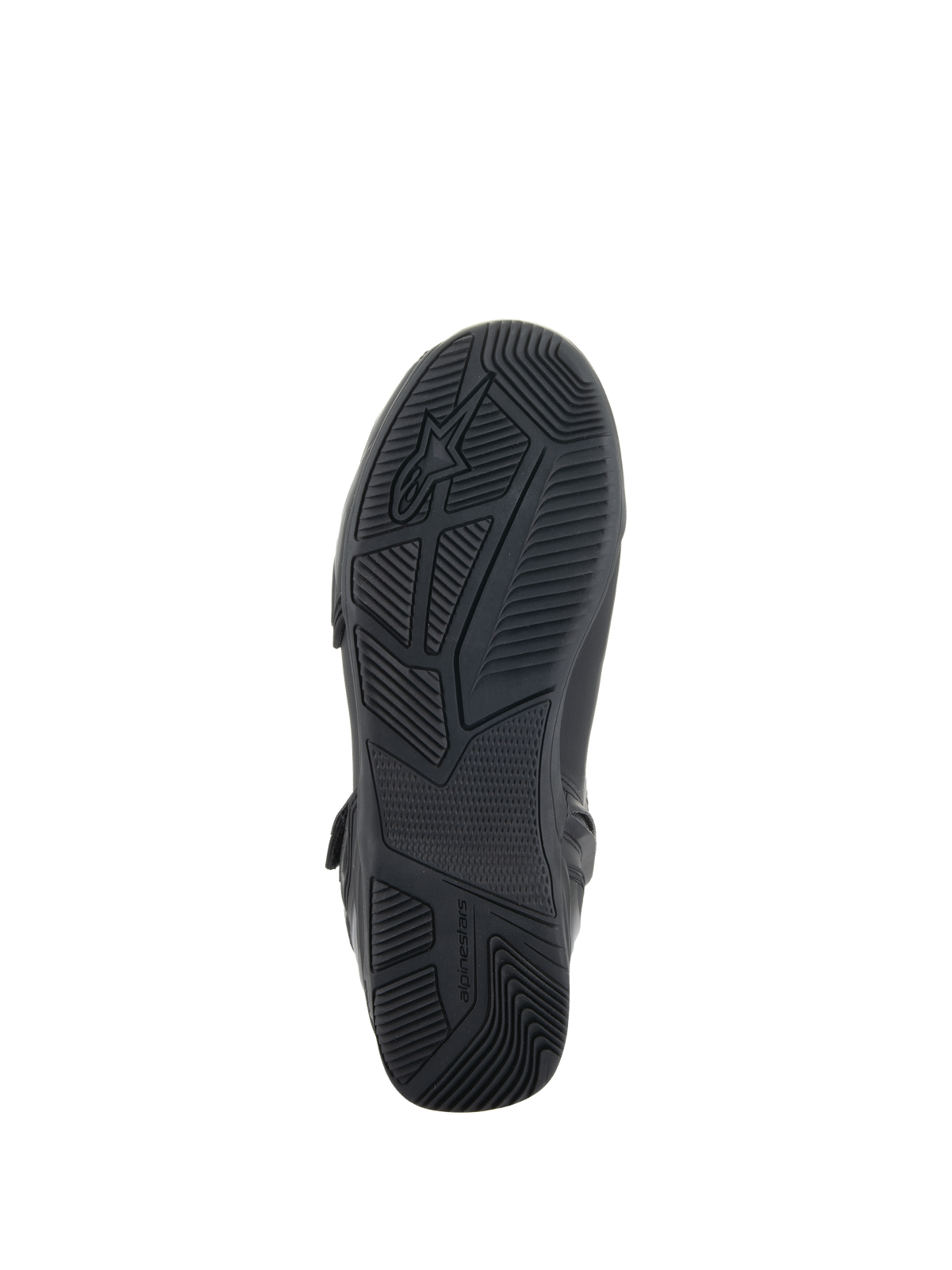 Buty Alpinestars Superfaster, czarne, widok od dołu prezentujący gumową podeszwę z technicznym wzorem bieżnika i przyczepnością, logo i branding Alpinestars, zaprojektowane dla stabilności podczas jazdy motocyklem