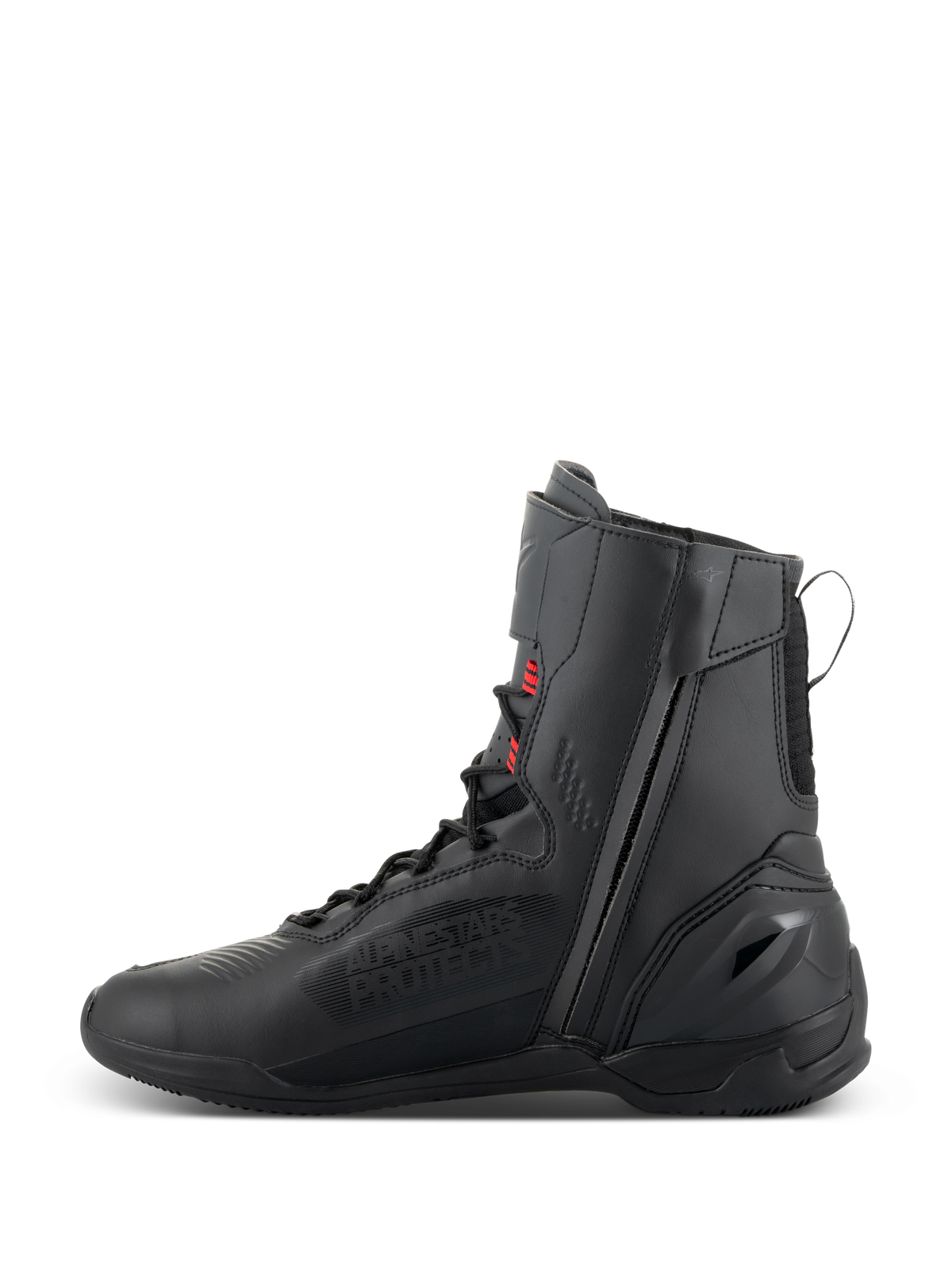 Alpinestars Superfaster Shoes, buty motocyklowe, czarne, szare i jaskrawoczerwone, wysoki profil z zamkiem błyskawicznym po stronie przyśrodkowej i systemem szybkiego sznurowania, konstrukcja z technicznej mikrofibry i Rideknit do sportowej jazdy szosowej