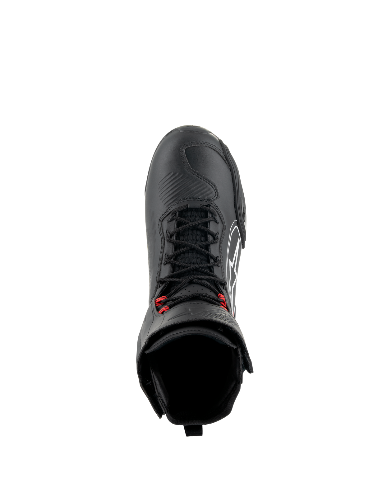 Buty Alpinestars Superfaster, buty motocyklowe w kolorze czarno-szaro-czerwonym, widok z góry prezentujący czarne szybkie sznurowadła z czerwonymi akcentami, wzmocnioną osłonę palców oraz wysoki kołnierz kostki, techniczne obuwie do jazdy szosowej i sportowej