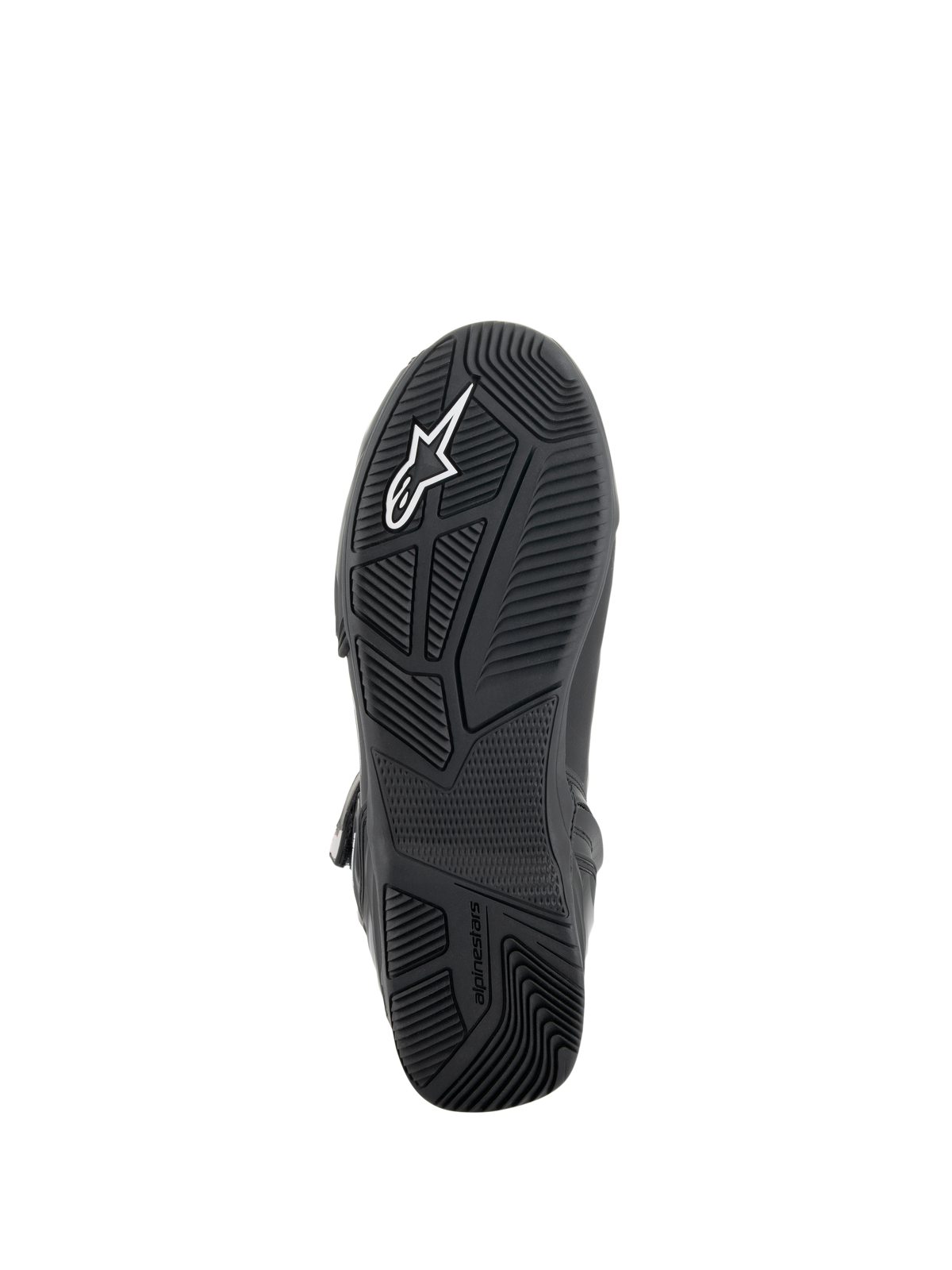 Buty Alpinestars Superfaster, czarno-szaro-jasnoczerwone, widok od dołu na czarną gumową podeszwę z technicznym wzorem bieżnika zapewniającym przyczepność, zintegrowaną ramą ochronną TPF i białym logo Alpinestars.