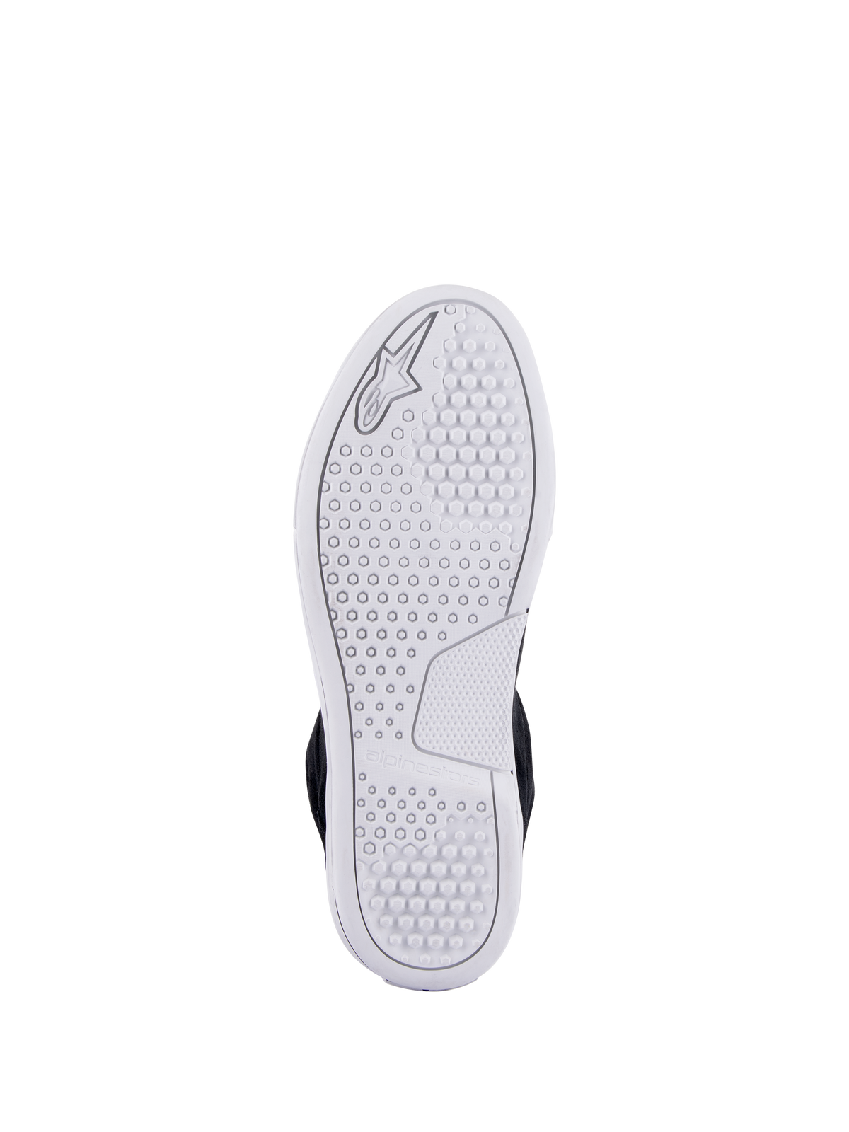 Alpinestars Chrome Shoes, white advanced urban sole view, featuring a hexagonal traction pattern and embossed Alpinestars logo, casual motorcycle riding footwear