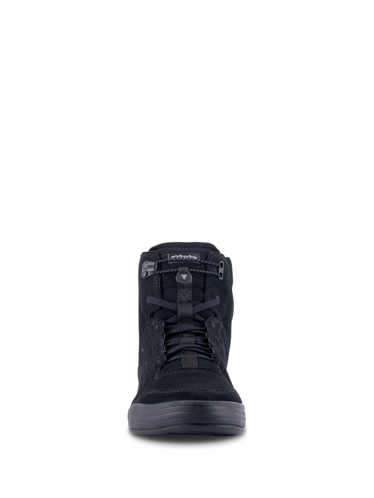 Alpinestars Chrome Riding Shoes, miejskie buty motocyklowe, czarne, widok z przodu ukazujący sylwetkę za kostkę, wykonane z zamszu z elastycznym zapięciem i czarnymi sznurowadłami, casualowy styl streetwearowy