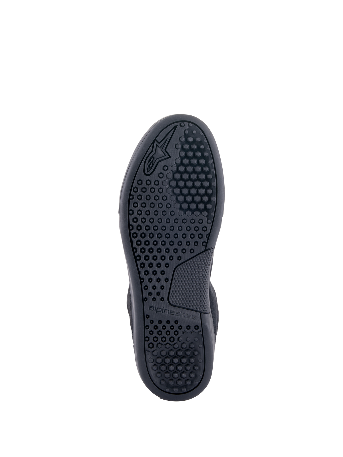 Buty Alpinestars Chrome, widok podeszwy, czarne, zaawansowana gumowa podeszwa z heksagonalnym wzorem bieżnika i logo Alpinestars, miejskie buty motocyklowe