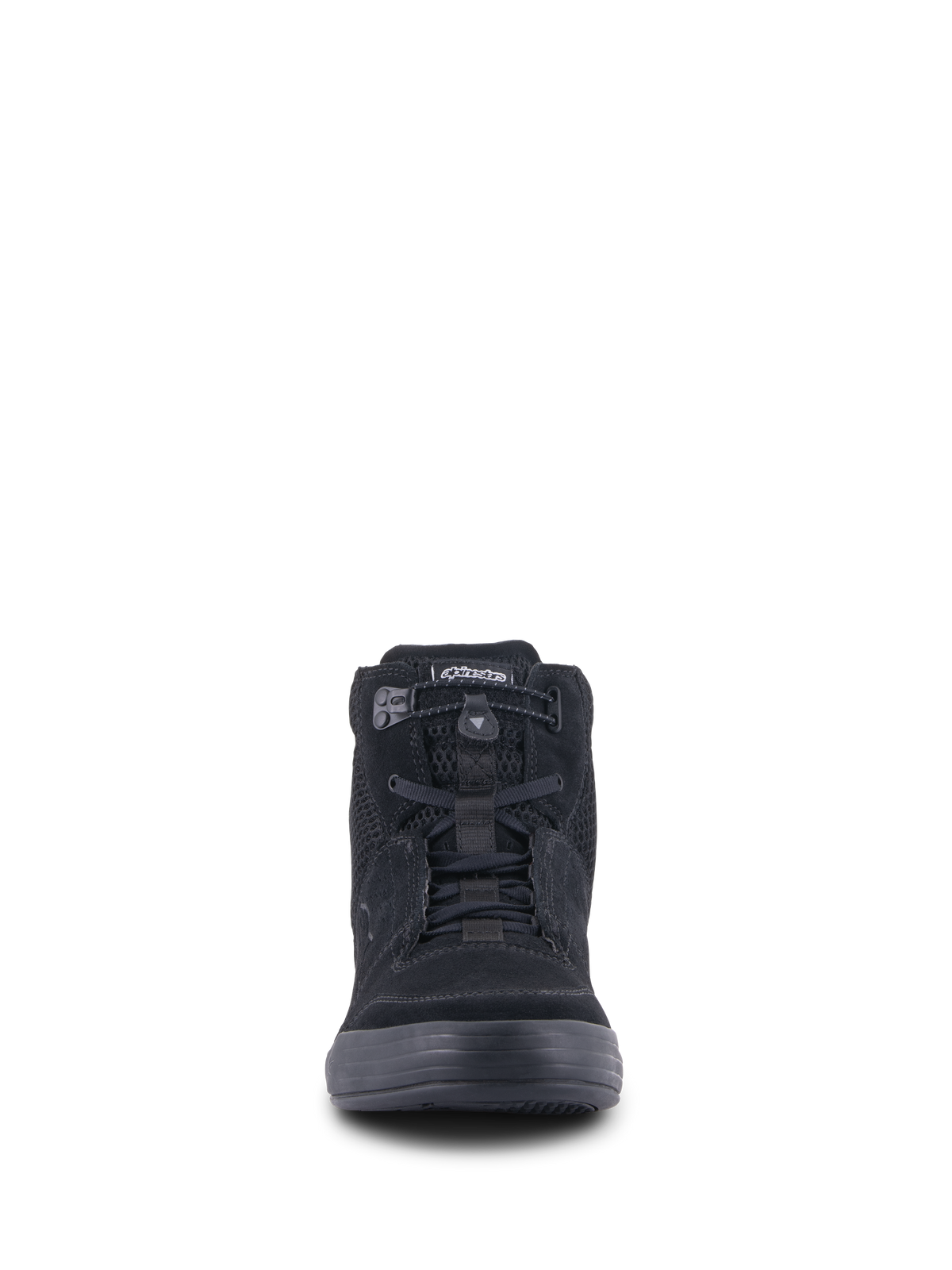 Alpinestars Chrome Air Shoe, miejskie buty motocyklowe, czarne, widok z przodu ukazujący cholewkę z zamszu i siatki, elastyczne zapięcie na sznurowadła i swobodny design wysokich sneakerów