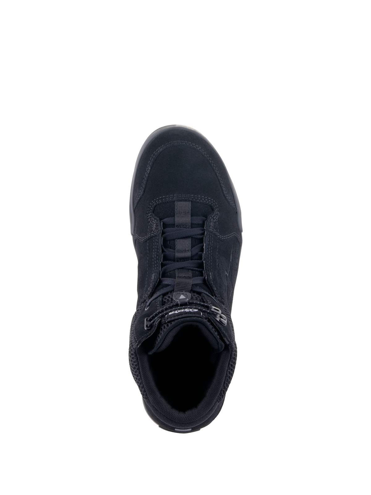 Alpinestars Chrome Air Shoe, miejskie buty motocyklowe, czarne, widok z góry pokazujący cholewkę z zamszu i siatki, system sznurowania z elastycznym zapięciem, swobodny design sneakersów do codziennej jazdy miejskiej
