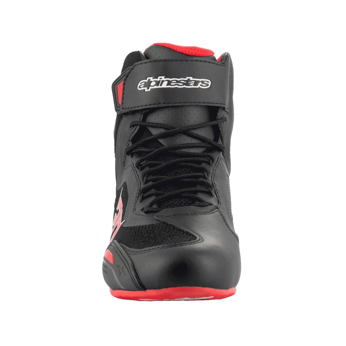 Alpinestars FQ20 Faster-3 Rideknit® Shoes, Motorcycle Riding Shoes, Black and Bright Red, front view showing lace closure and hook-and-loop top strap with Alpinestars branding, technical microfiber and breathable knit construction.
