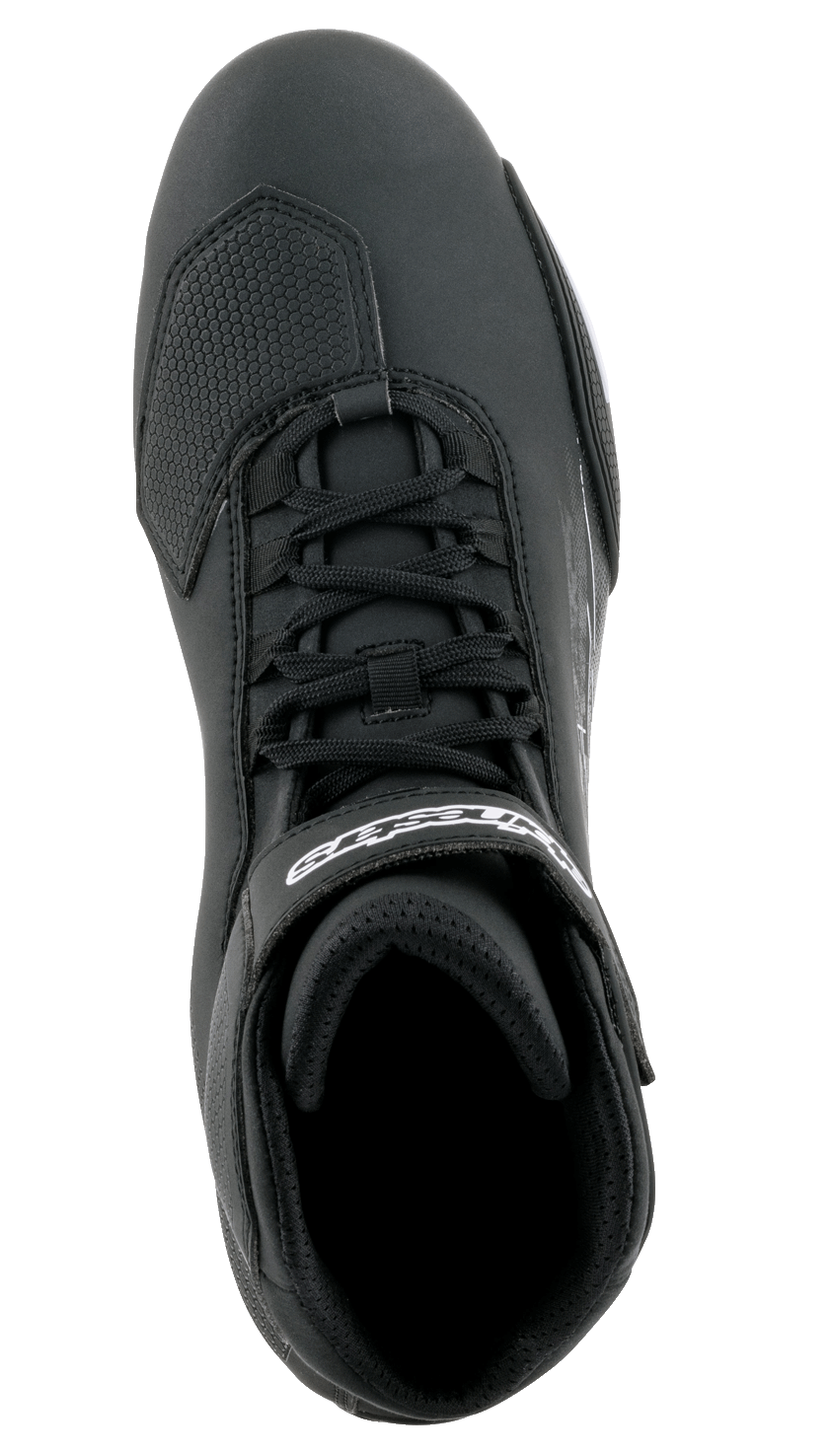 Buty Alpinestars Sektor, buty motocyklowe, czarne z białym brandingiem, widok z góry, system szybkiego sznurowania, pasek na rzep na kostce, wzmocnienie palców z TPR