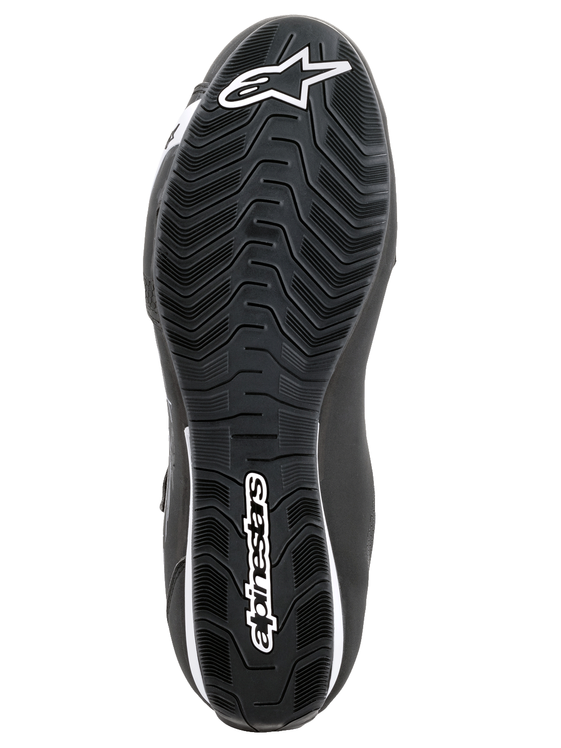 Buty Alpinestars Sektor, buty motocyklowe, czarno-białe, widok od dołu na teksturowaną gumową podeszwę z falistym wzorem bieżnika, białe logo Alpinestars i symbol gwiazdy