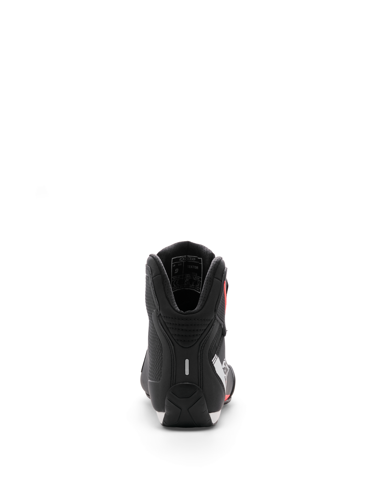 Alpinestars Sektor Shoe, buty motocyklowe, czarno-biało-czerwone fluo, widok z tyłu skupiający się na pięcie i wewnętrznej wyściółce kostki, eleganckie wykończenie z mikrofibry do użytku sportowego i szosowego