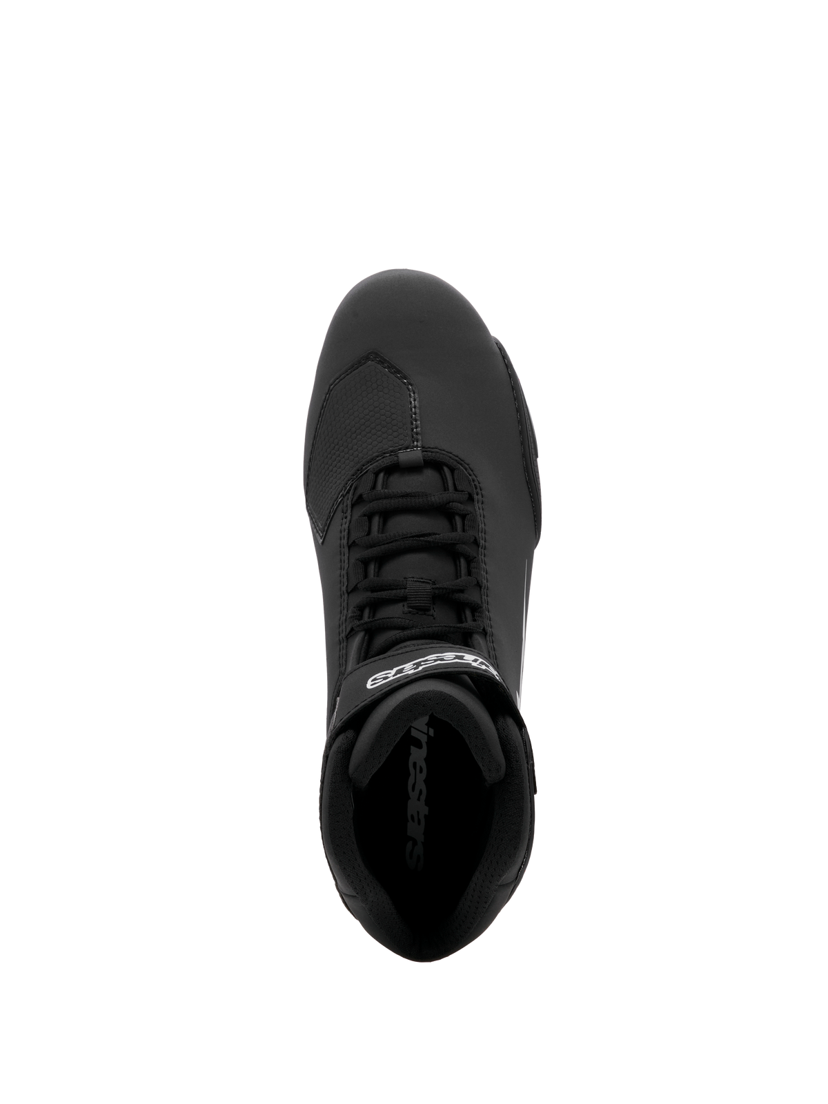 Buty Alpinestars Sektor, buty motocyklowe, czarne, widok z góry przedstawiający system szybkiego sznurowania i bezpieczny pasek na kostkę z białym logo, lekka konstrukcja z mikrofibry