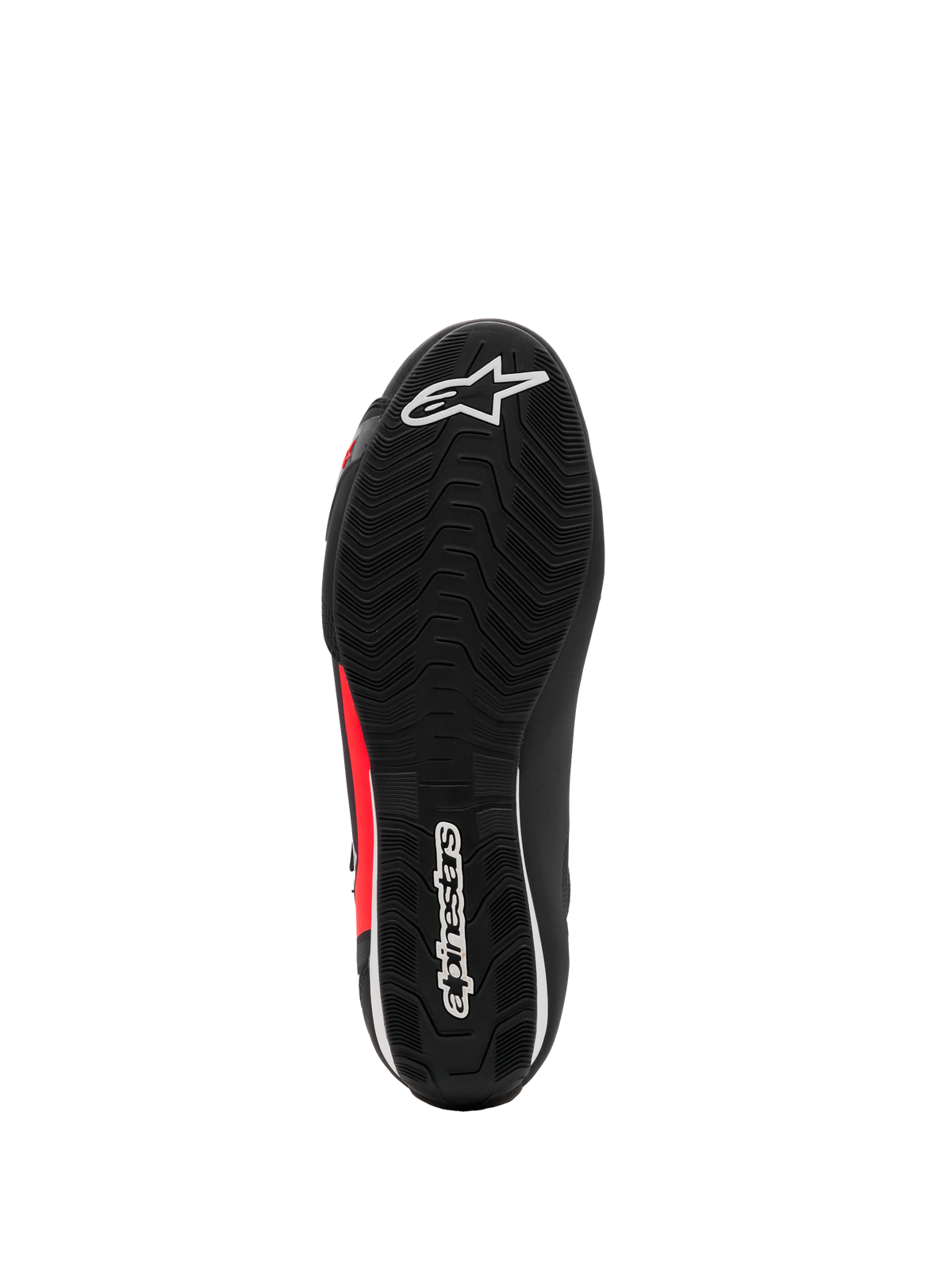 Buty Alpinestars Sektor, motocyklowe buty do jazdy, czarno-biało-czerwone fluo, widok od spodu prezentujący teksturowaną gumową podeszwę z białymi logo i czerwonymi akcentami, lekka konstrukcja do jazdy szosowej