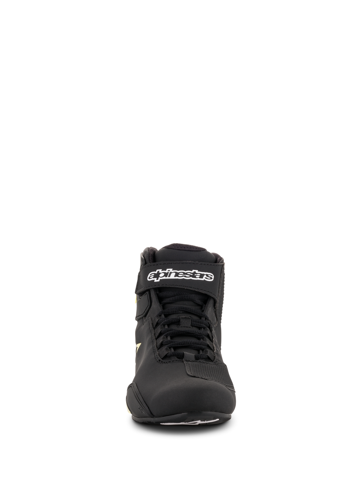 Buty Alpinestars Sektor, buty motocyklowe, czarne z żółtymi elementami fluo, widok z przodu przedstawiający system szybkiego sznurowania, pasek na kostkę z białym logo i lekka konstrukcja z mikrofibry