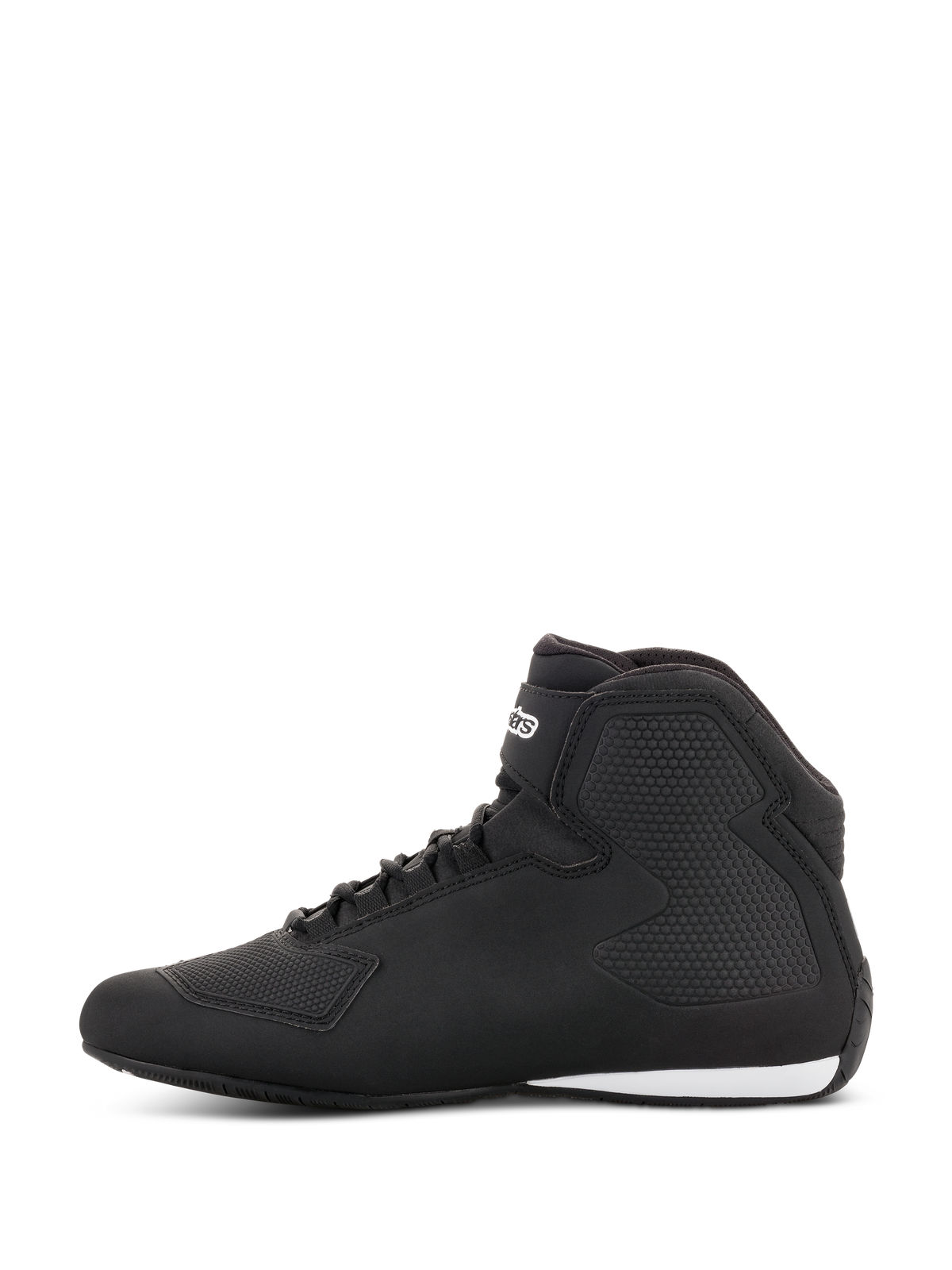 Alpinestars Sektor Shoes, buty motocyklowe, czarne i ciemnoszare, widok z boku, lekka konstrukcja z mikrofibry, system szybkiego sznurowania z paskiem na kostce, teksturowane panele ochronne