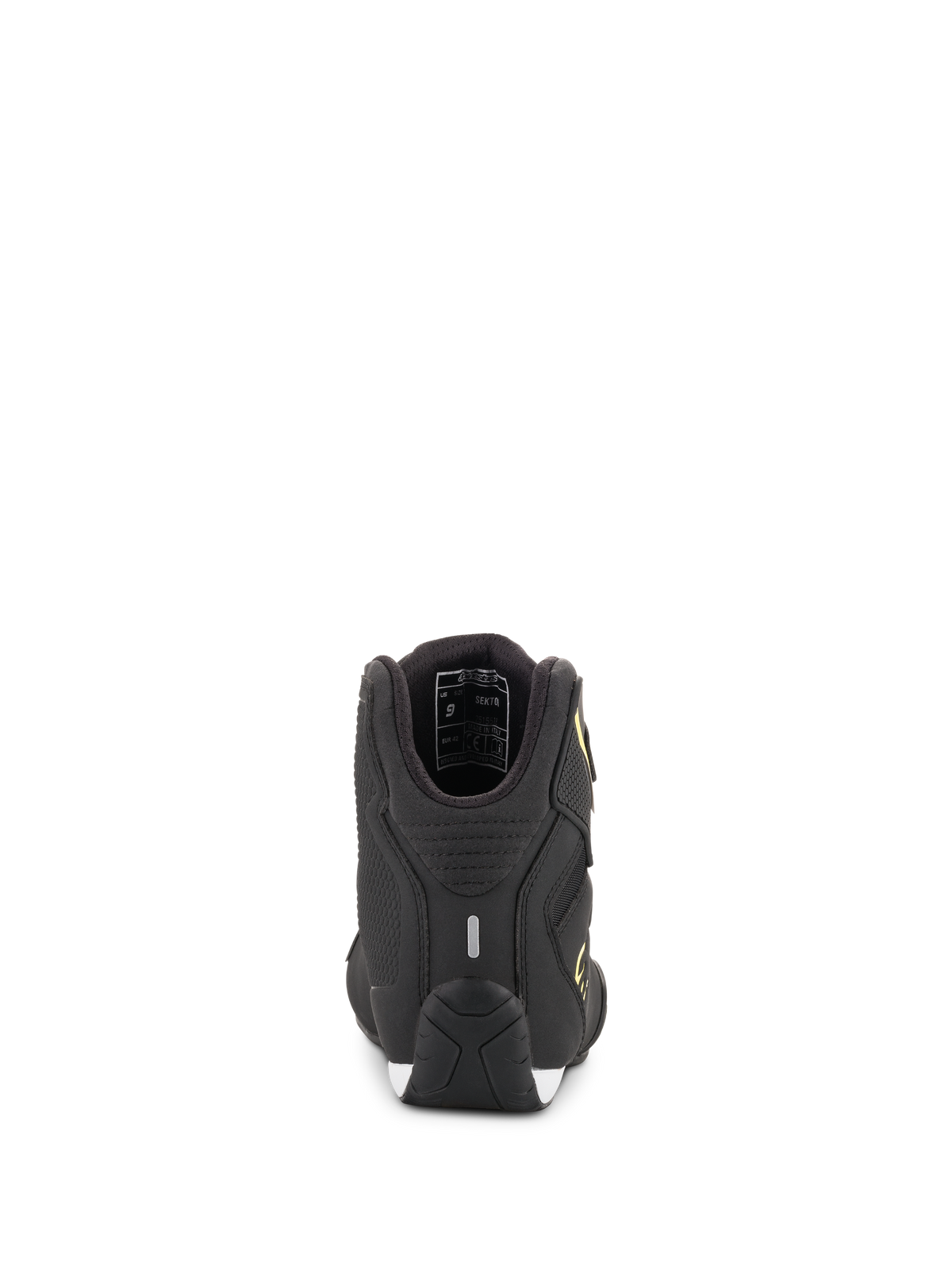 Alpinestars Sektor Shoes, buty motocyklowe, czarno-żółte fluo, widok z tyłu przedstawiający piętę z paskiem odblaskowym i detale wewnętrznej wyściółki, teksturowana podeszwa