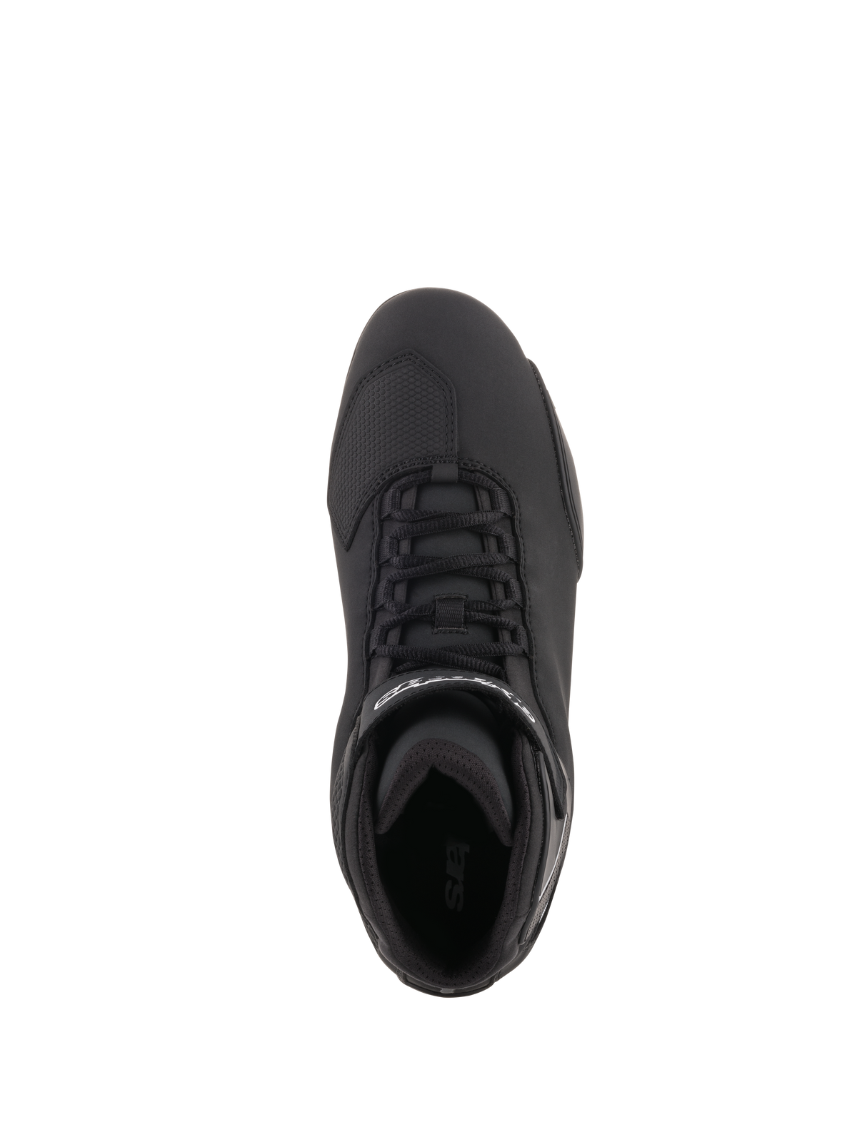 Buty Alpinestars Sektor, buty motocyklowe, czarne, widok z góry przedstawiający system szybkiego sznurowania, pasek na kostkę z białym logo, wzmocniona strefa palców, smukła konstrukcja z mikrofibry