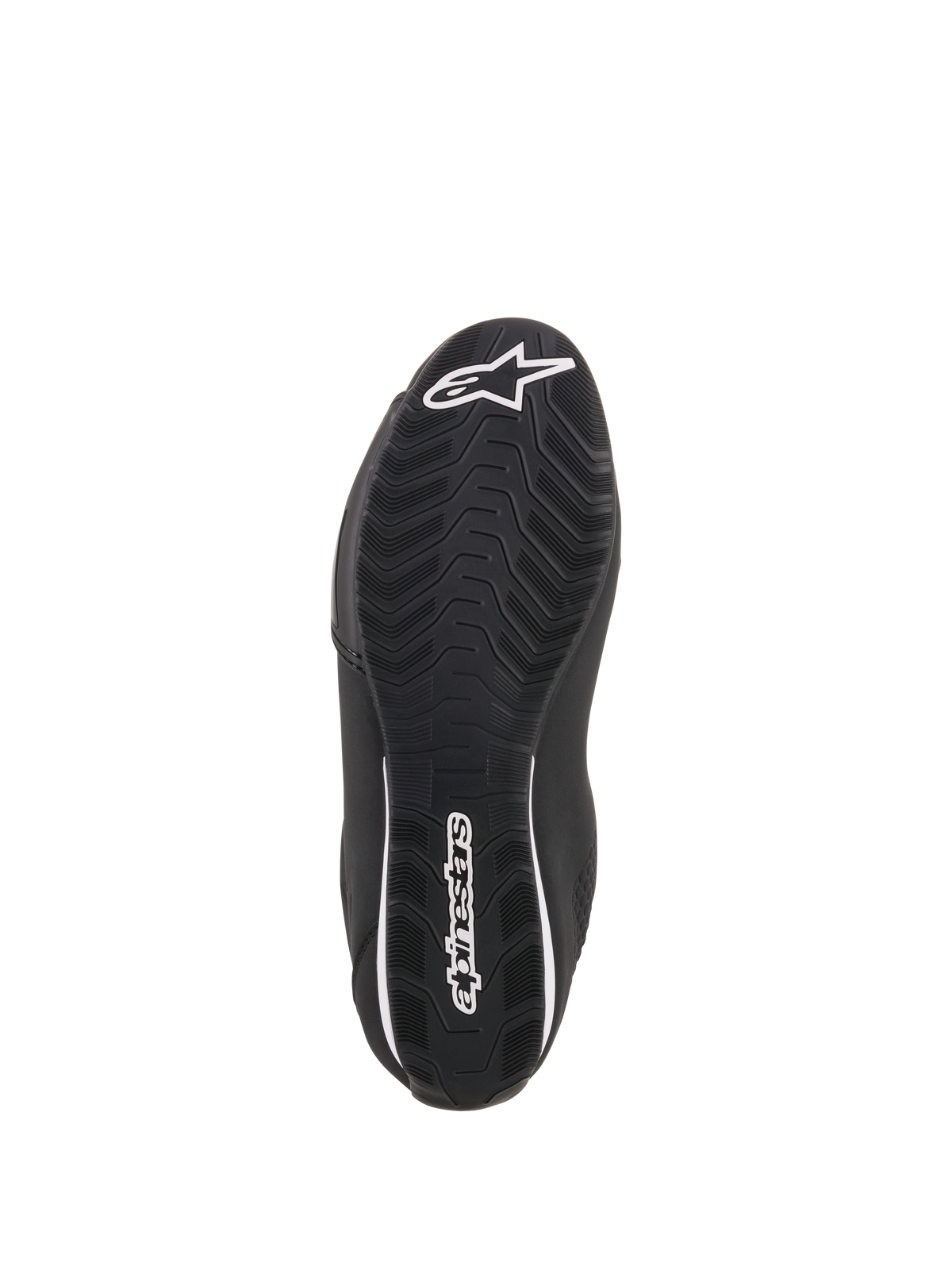 Buty Alpinestars Sektor, czarne buty motocyklowe, widok od dołu przedstawiający teksturowaną gumową podeszwę, białe logo gwiazdy Alpinestars na czubku i branding na pięcie, zaprojektowane dla optymalnej przyczepności i trwałości