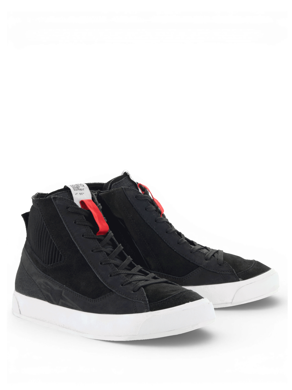 Alpinestars Stated Shoes, czarne miejskie buty motocyklowe męskie, styl retro skate z nubuku i zamszu z białą podeszwą.