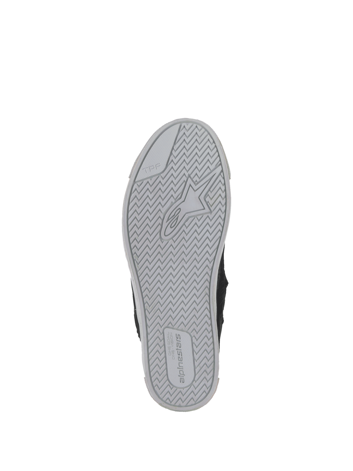 Buty Alpinestars Stated, jasnoszara podeszwa z wulkanizowanej gumy z systemem TPF, logo i napis Alpinestars, widok od spodu.