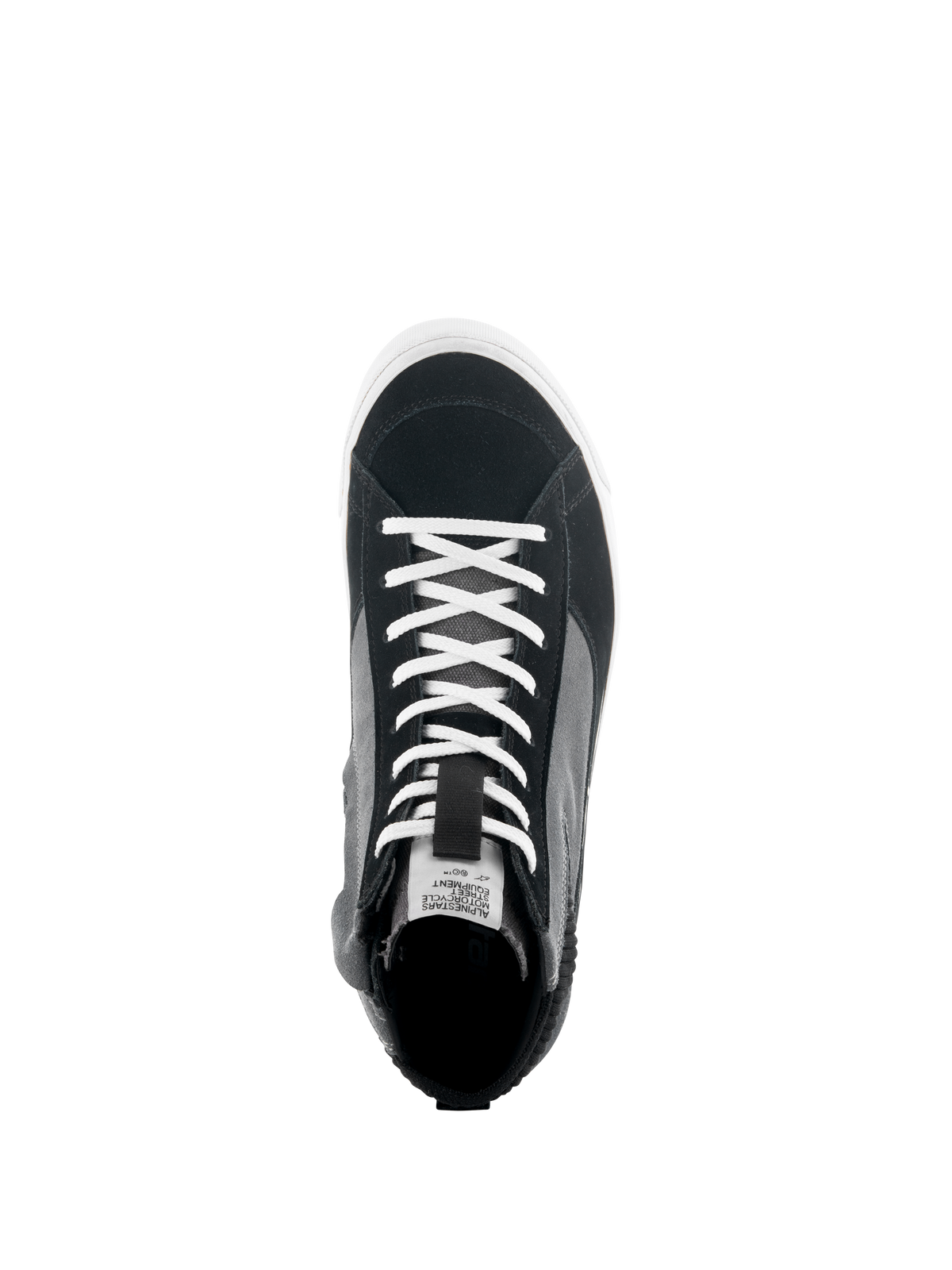 Buty Alpinestars Stated, widok z góry na czarno-szaro-białe sneakersy motocyklowe, białe sznurowadła, cholewka z zamszu dzielonego i płótna, biała wulkanizowana podeszwa, miejskie obuwie motocyklowe