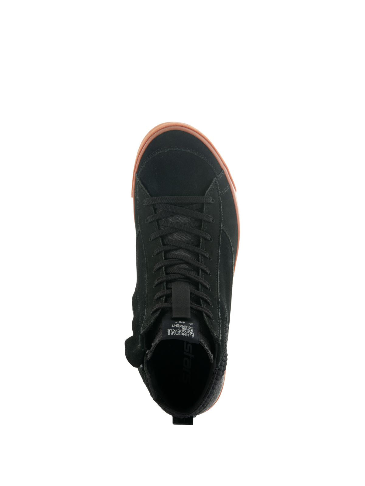 Alpinestars Stated Shoes, miejskie buty motocyklowe, widok z góry, czarna zamszowa cholewka z wulkanizowaną podeszwą w kolorze gumy, minimalistyczny design inspirowany stylem skate, klasyczne sznurowanie, stylistyka miejskich sneakersów