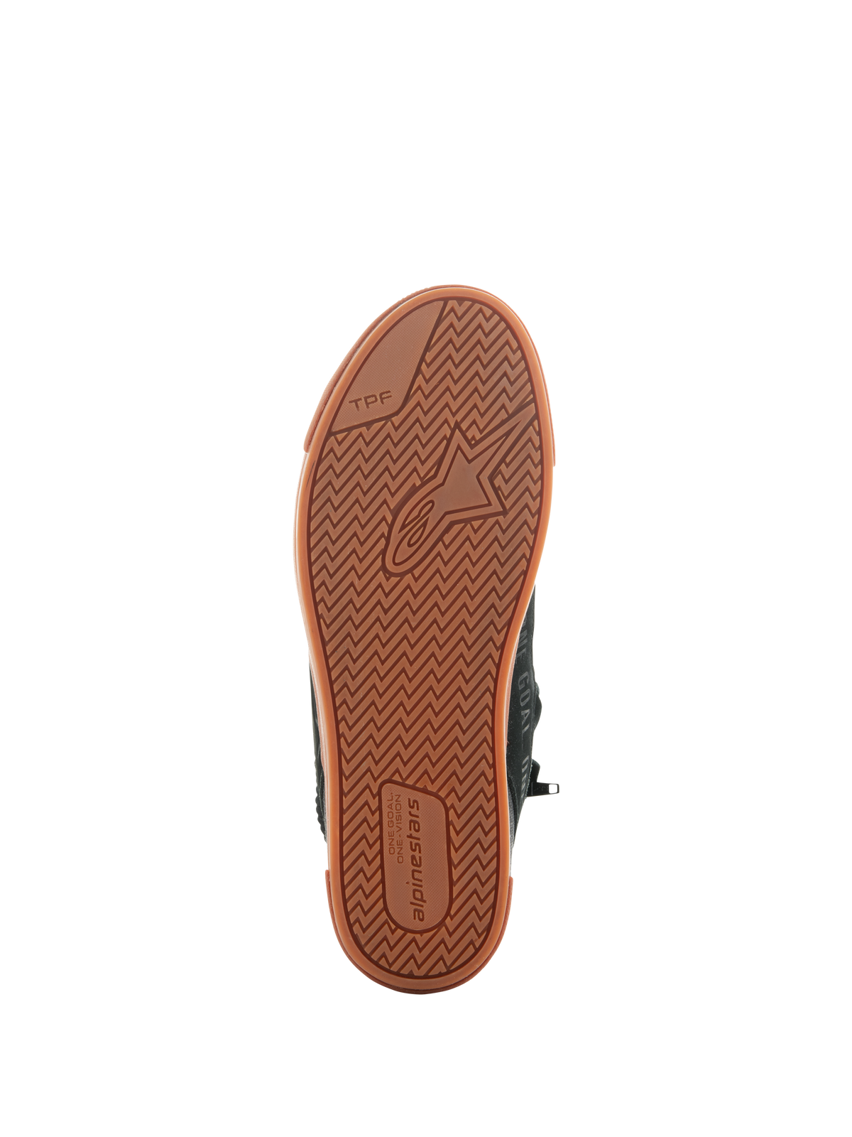 Alpinestars Stated Shoes, Black Gum, widok od dołu wulkanizowanej gumowej podeszwy z bieżnikiem w jodełkę, logo Alpinestars i oznaczenie TPF (Transversal Protection Frame), miejskie obuwie motocyklowe
