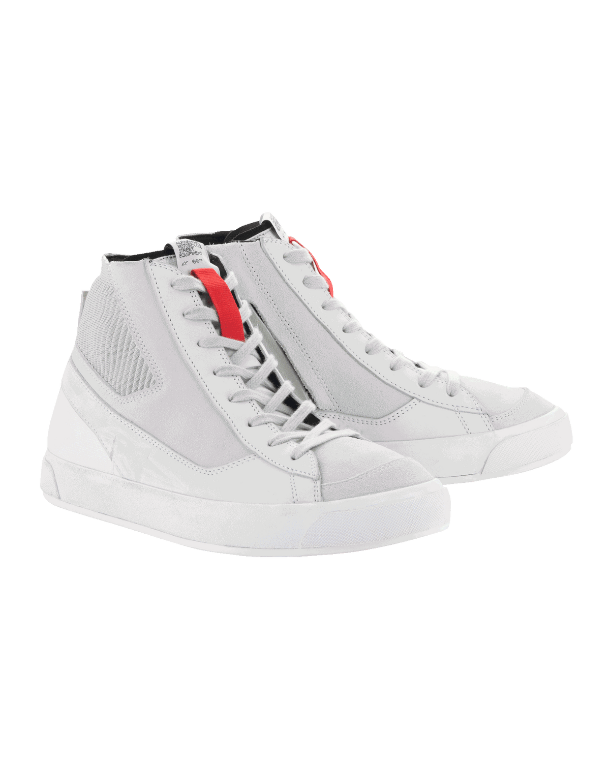 Alpinestars Stated Shoes, męskie buty motocyklowe, białe i szare, czerwone akcenty, styl retro high-top, certyfikat CE.
