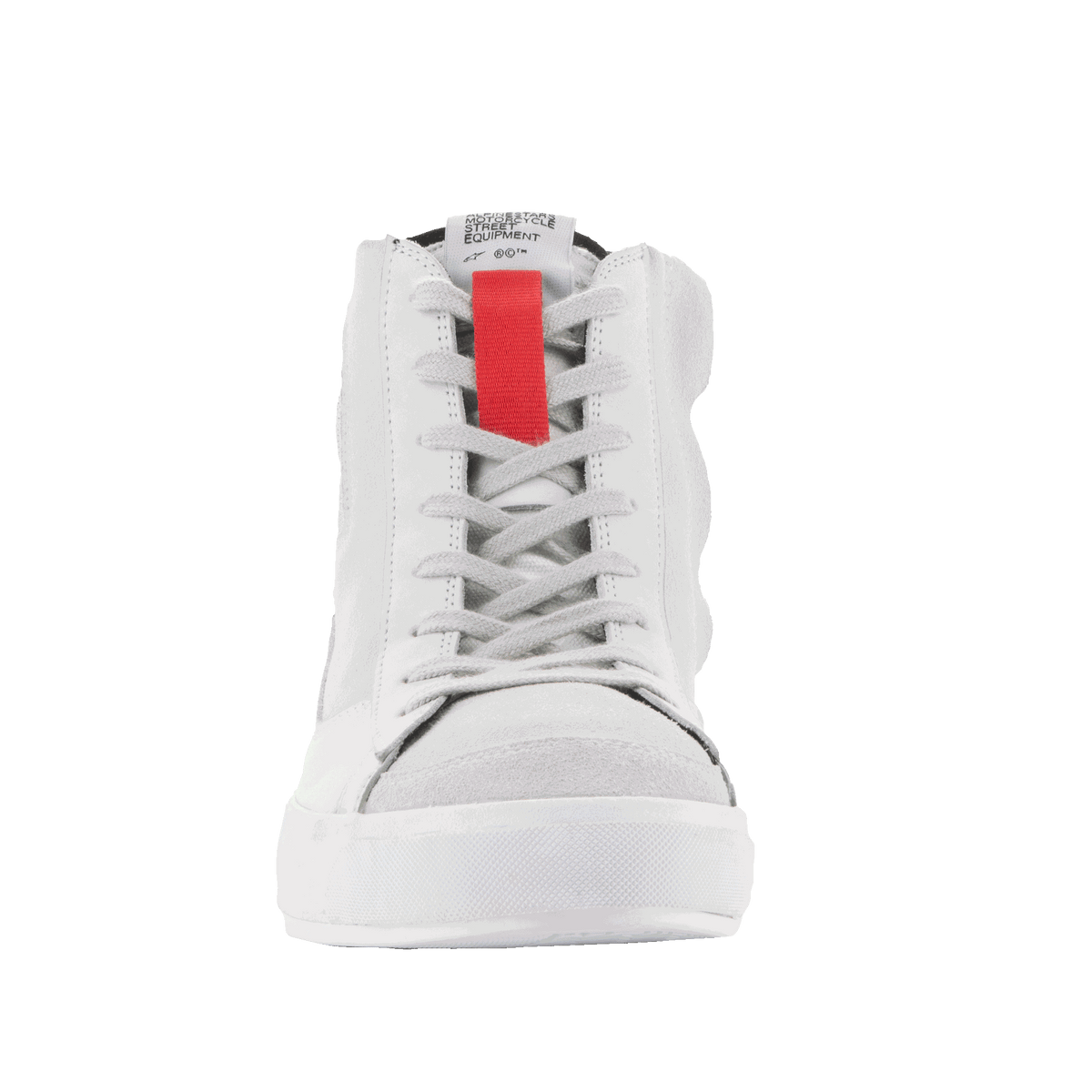 Alpinestars Stated Shoes, męskie miejskie buty motocyklowe, białe i szare, czerwony akcent, design w stylu skate.