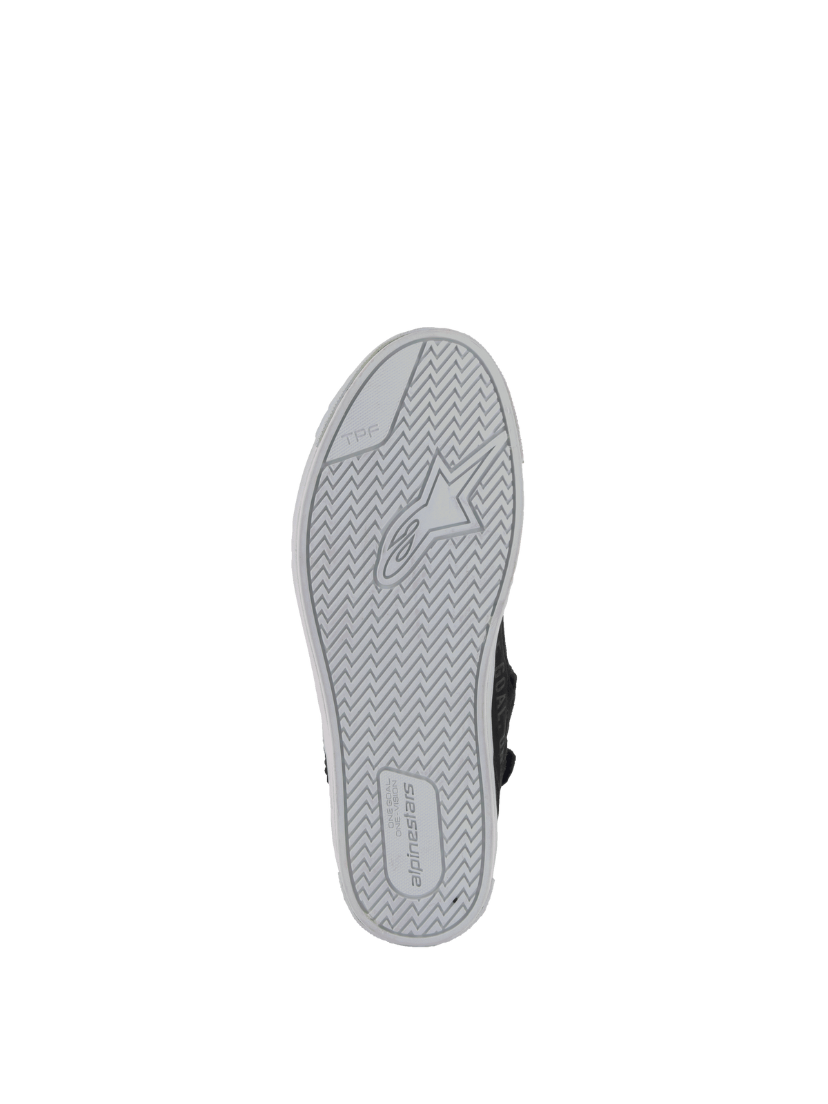 Buty Alpinestars Stella Stated Podium, damskie buty motocyklowe, czarne i jasnoszare, gumowa podeszwa z logo, widok od spodu.