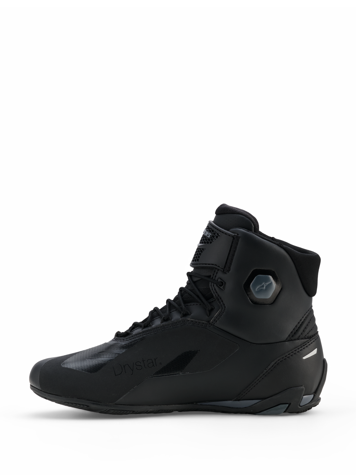 Alpinestars Faster-4 Drystar® Shoes, Motorcycle Riding Shoes, Black Cool Gray, side profile view featuring seamless microfiber construction, Drystar waterproof branding, lace-up closure with an ankle strap, and integrated protective ankle structure.