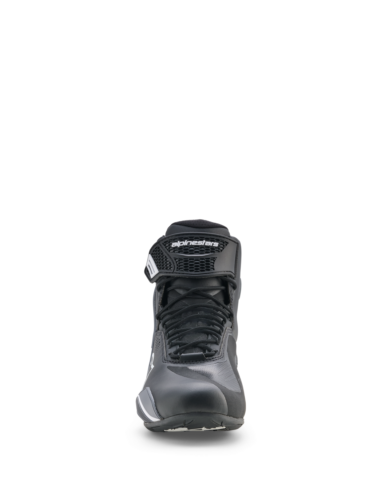 Alpinestars Faster-4 Drystar® Shoes, Motorcycle Riding Shoes, Black Cool Gray and White, front view featuring lace-up closure and hook-and-loop ankle strap, sporty low-cut profile for road riding