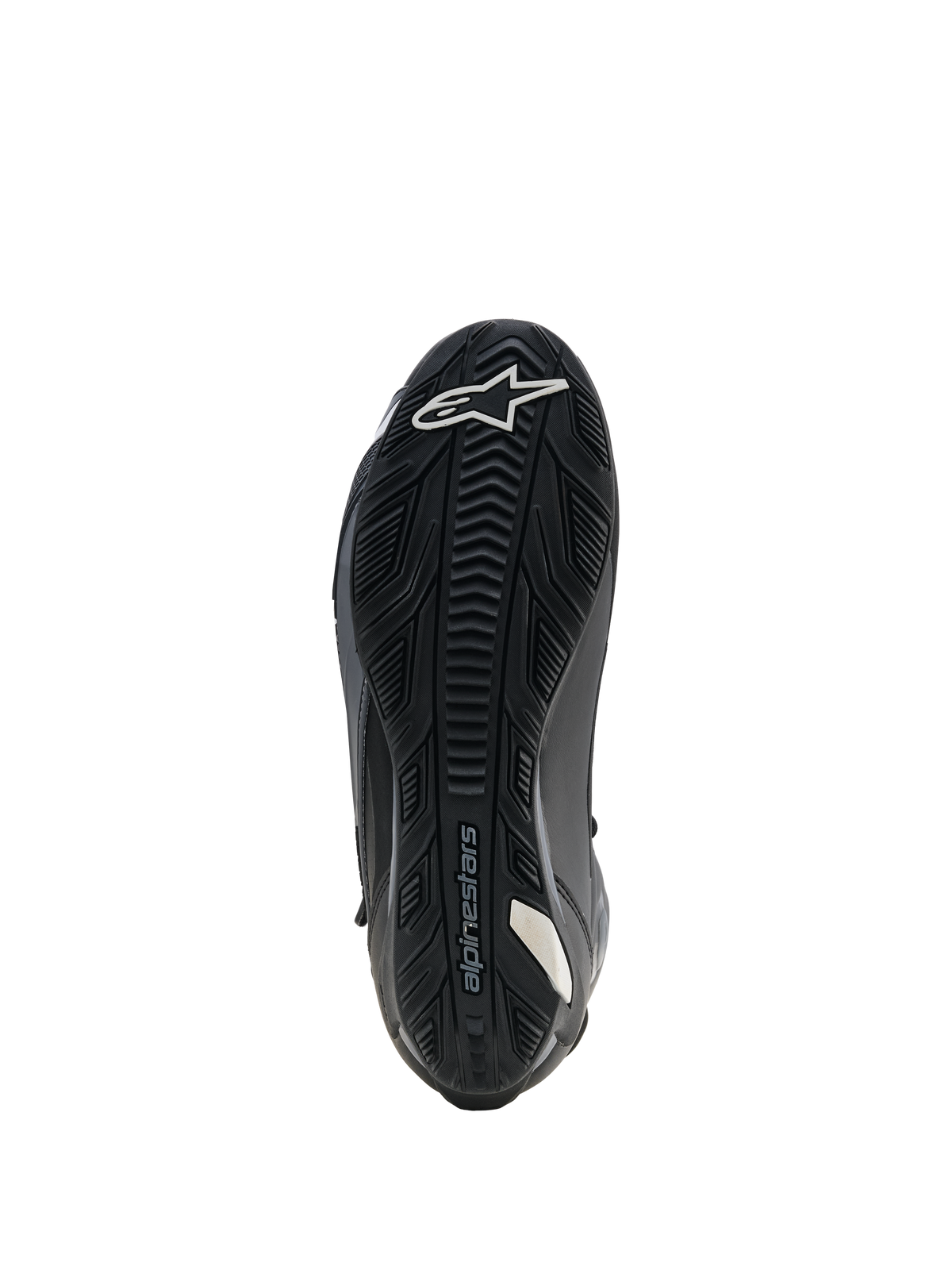 Alpinestars Faster-4 Drystar Shoes, Motorcycle Riding Shoes, Black, Sole view showing reinforced rubber outsole with textured grip, white star logo at the toe and Alpinestars branding, designed for stability and peg grip.