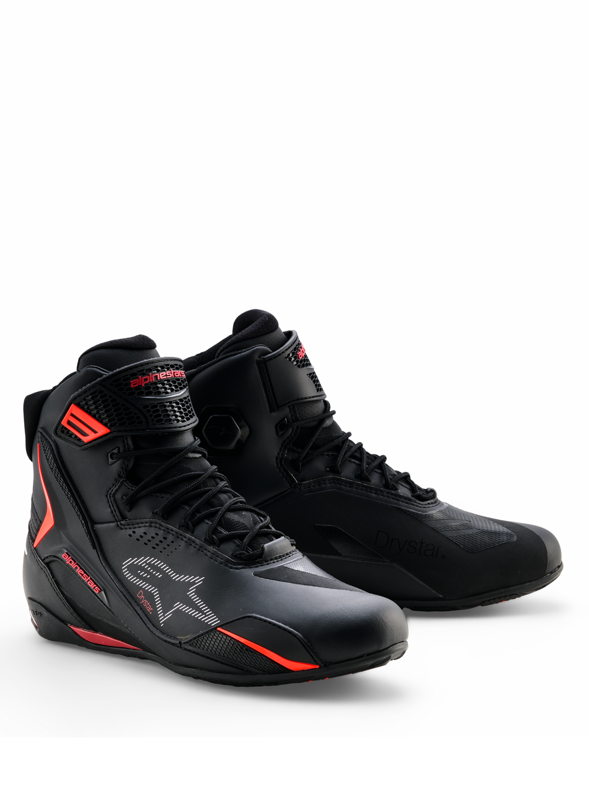 Alpinestars Faster-4 Drystar® Shoes, Motorcycle Riding Shoes, Black with Rio Red and Red Fluo accents, lace-up design with waterproof microfiber upper, sleek athletic profile for road and sport riding