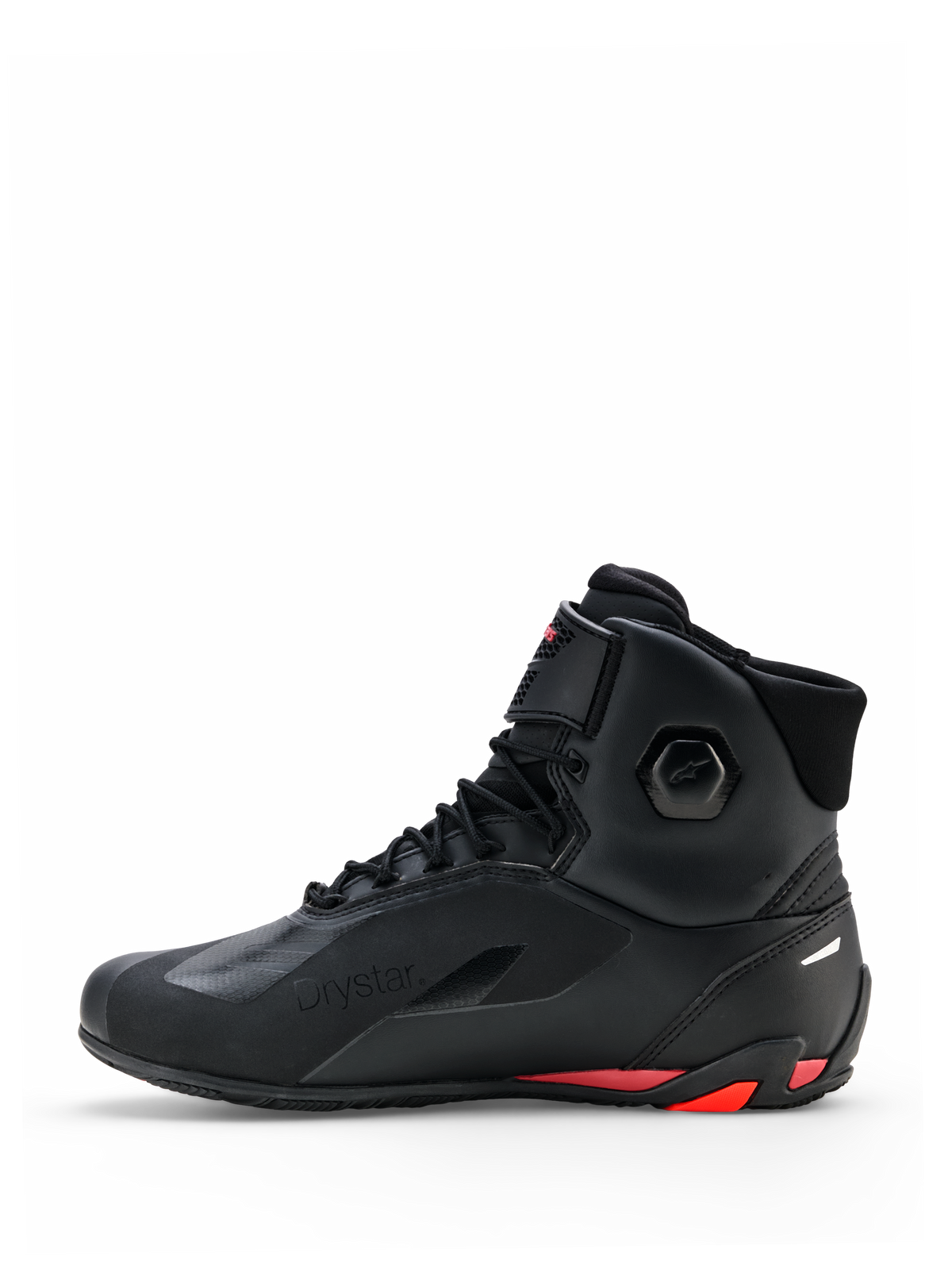 Alpinestars Faster-4 Drystar® Shoes, Motorcycle Riding Shoes, Black with Rio Red and Red Fluo accents, lateral side profile, featuring seamless microfiber construction, Drystar branding, and reinforced heel with red highlights