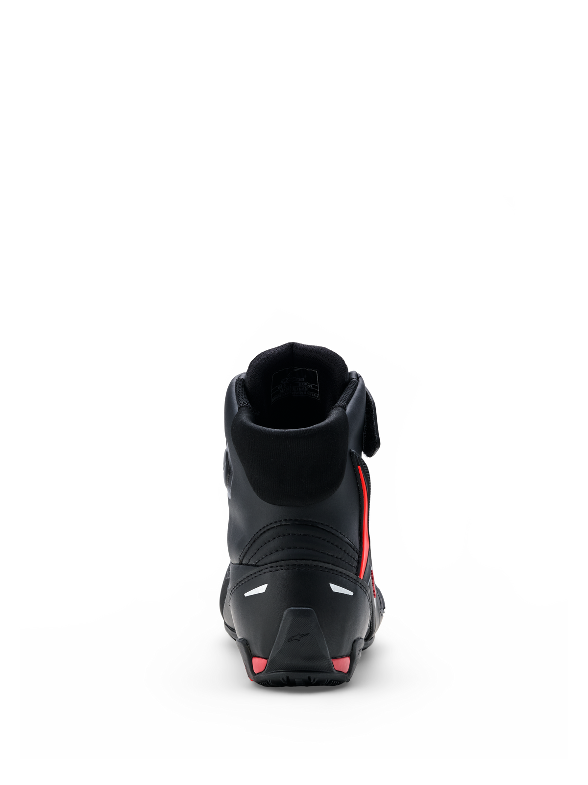Alpinestars Faster-4 Drystar® Shoes, Motorcycle Riding Shoes, Black with Rio Red and Red Fluo accents, rear view showing reinforced heel counter, high-top design, and seamless microfiber construction.