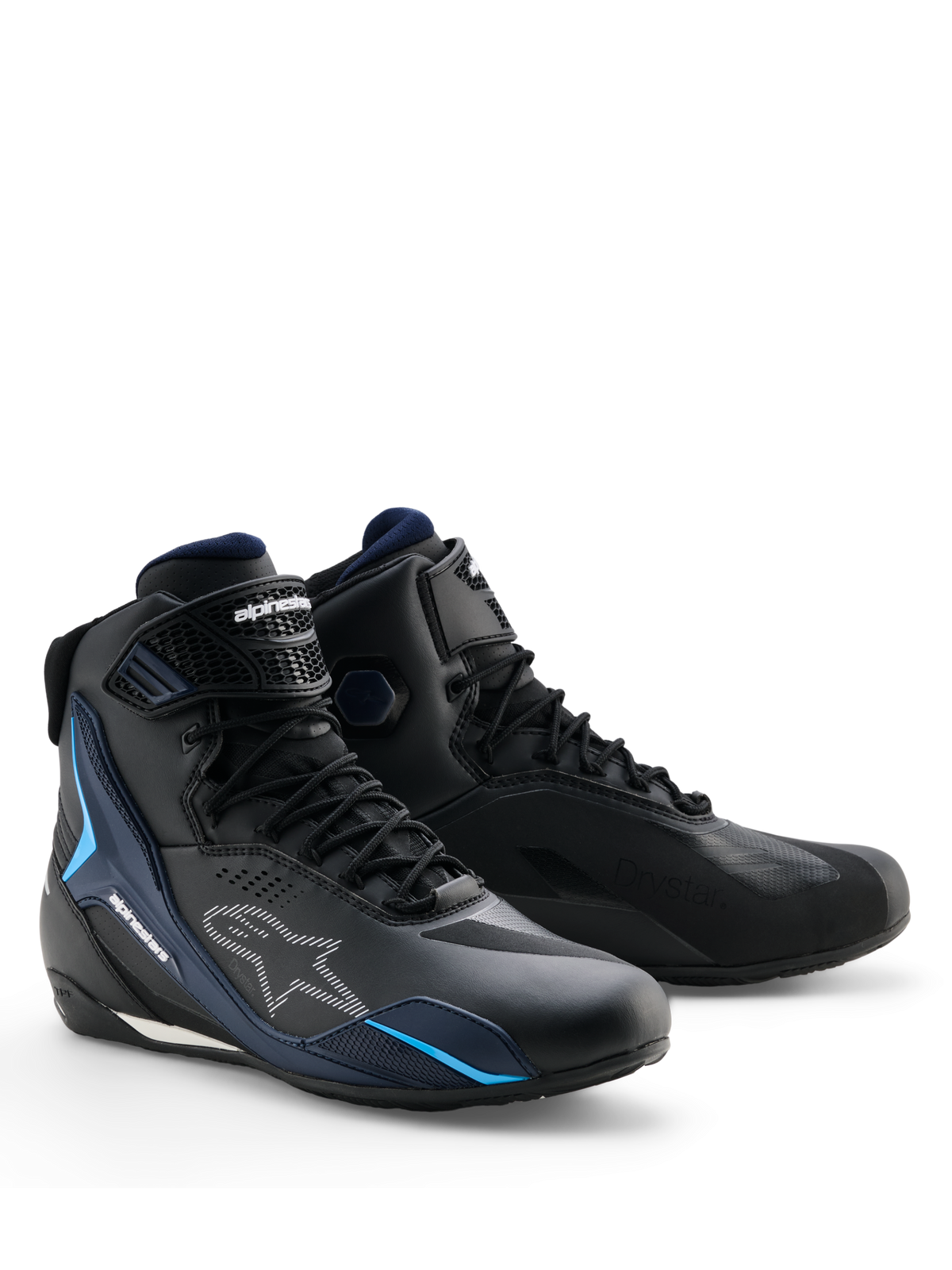 Alpinestars Faster-4 Drystar® Shoes, wodoodporne buty motocyklowe, czarne z granatowymi i błękitnymi akcentami, białe logo Alpinestars, sportowy design, zapięcie na sznurowadła i rzep