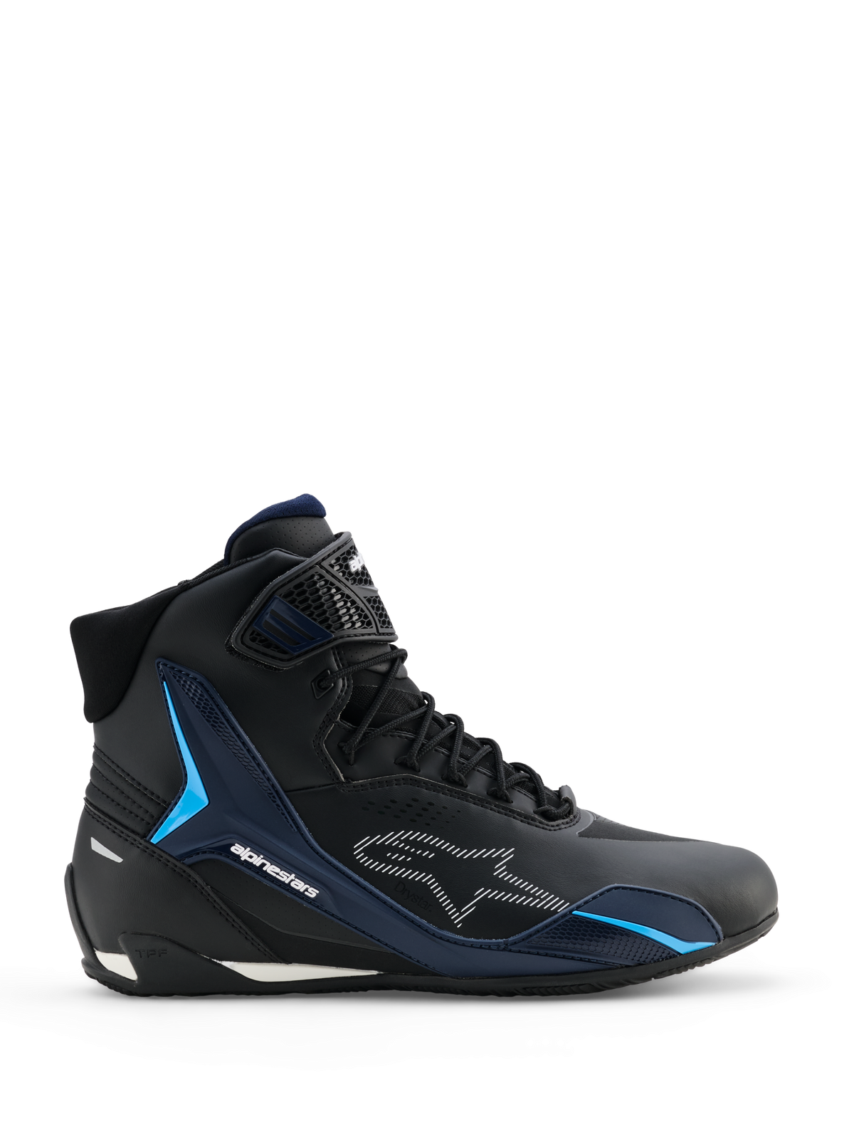 Alpinestars Faster-4 Drystar Shoes, buty motocyklowe, kolor Black Night Navy Cyan, widok z boku prezentujący wysoki fason sneakerów, cyjanowe panele wspierające TPU, białe przerywane logo Alpinestars, sznurowanie z teksturowanym paskiem na kostce