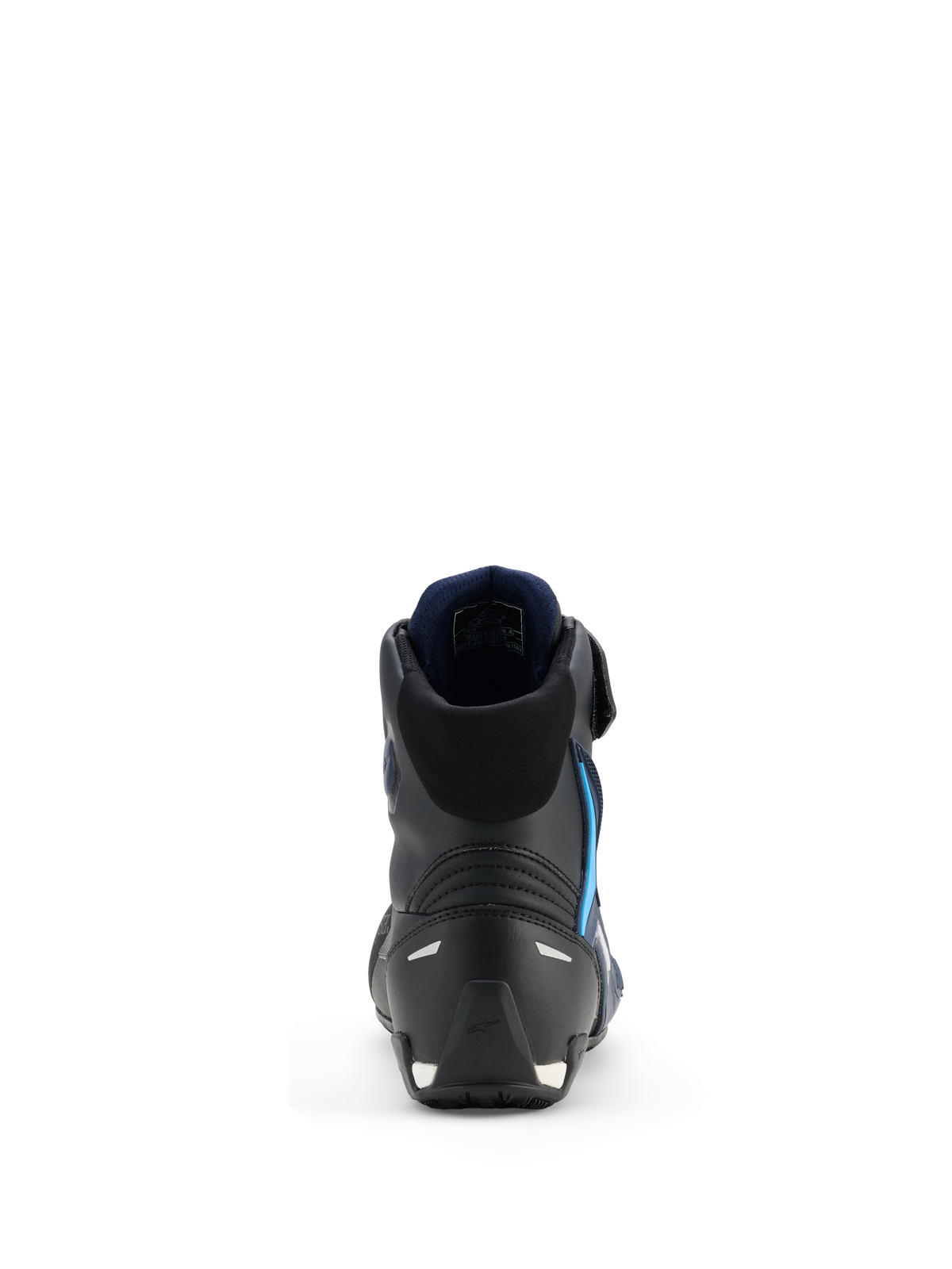 Buty Alpinestars Faster-4 Drystar®, buty motocyklowe, Black Night Navy Cyan, widok od tyłu podkreślający wzmocnioną konstrukcję pięty i kostki, granatowa wyściółka wewnętrzna, elementy odblaskowe, smukły sportowy design do jazdy szosowej