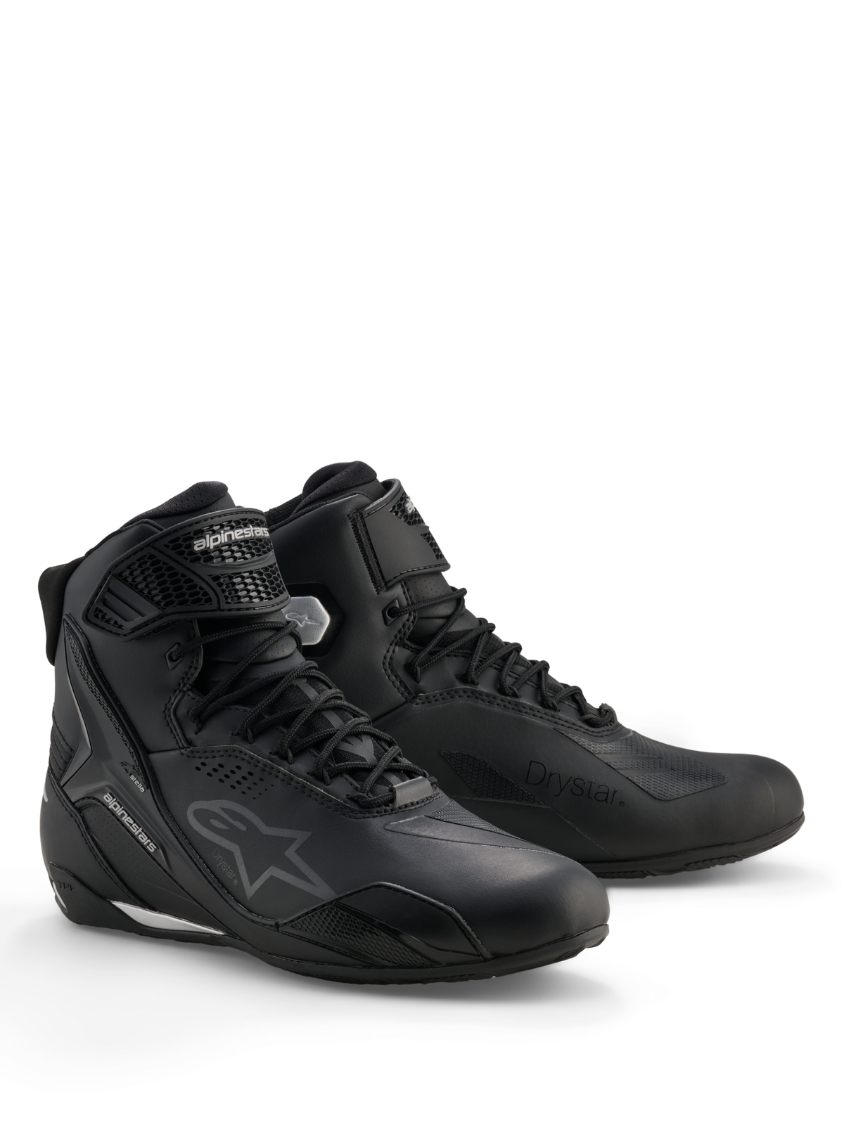 Buty Alpinestars Stella Faster-4 Drystar®, damskie wodoodporne buty motocyklowe, czarno-srebrne, cholewka z mikrofibry ze sznurowaniem i paskiem na kostkę, ochronne wzmocnienia TPU i branding Alpinestars.