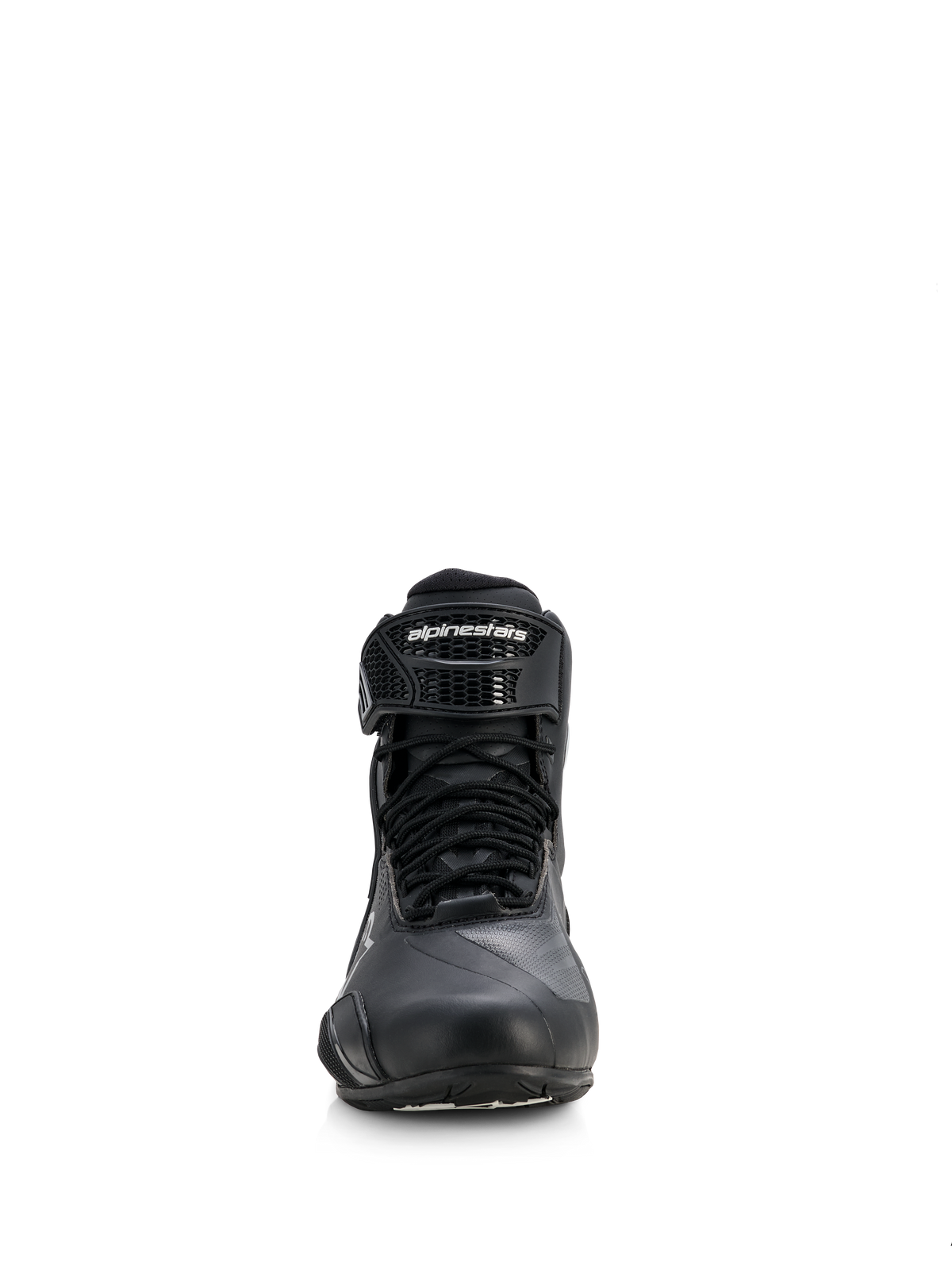 Alpinestars Stella Faster-4 Drystar® Shoes, damskie buty motocyklowe, czarne ze srebrnymi akcentami, widok z przodu ukazujący sznurowanie i markowy pasek na rzep na kostce, smukły wodoodporny design do jazdy sportowej i szosowej