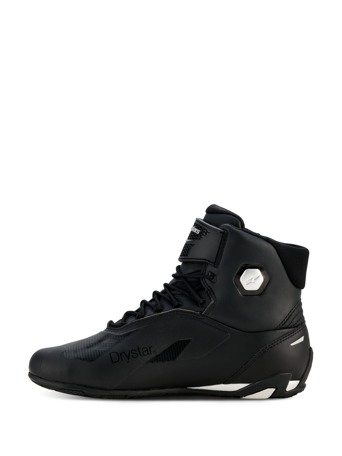 Buty motocyklowe damskie Alpinestars Stella Faster-4 Drystar®, czarno-srebrne, widok z profilu bocznego, wodoodporne buty z cholewką z mikrofibry, sznurowane zapięcie z paskiem na rzep, branding Drystar i srebrne logo na kostce