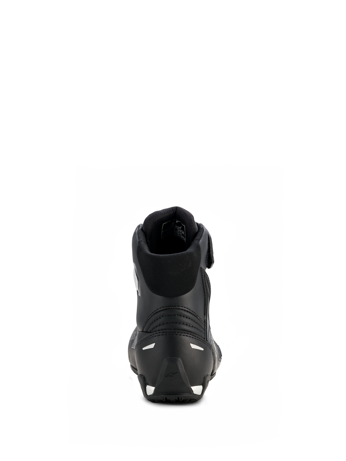 Damskie buty motocyklowe Alpinestars Stella Faster-4 Drystar®, czarno-srebrne, widok z tyłu przedstawiający wzmocnioną piętę ze srebrnymi akcentami, wyściełany kołnierz i wodoodporną konstrukcję z mikrofibry