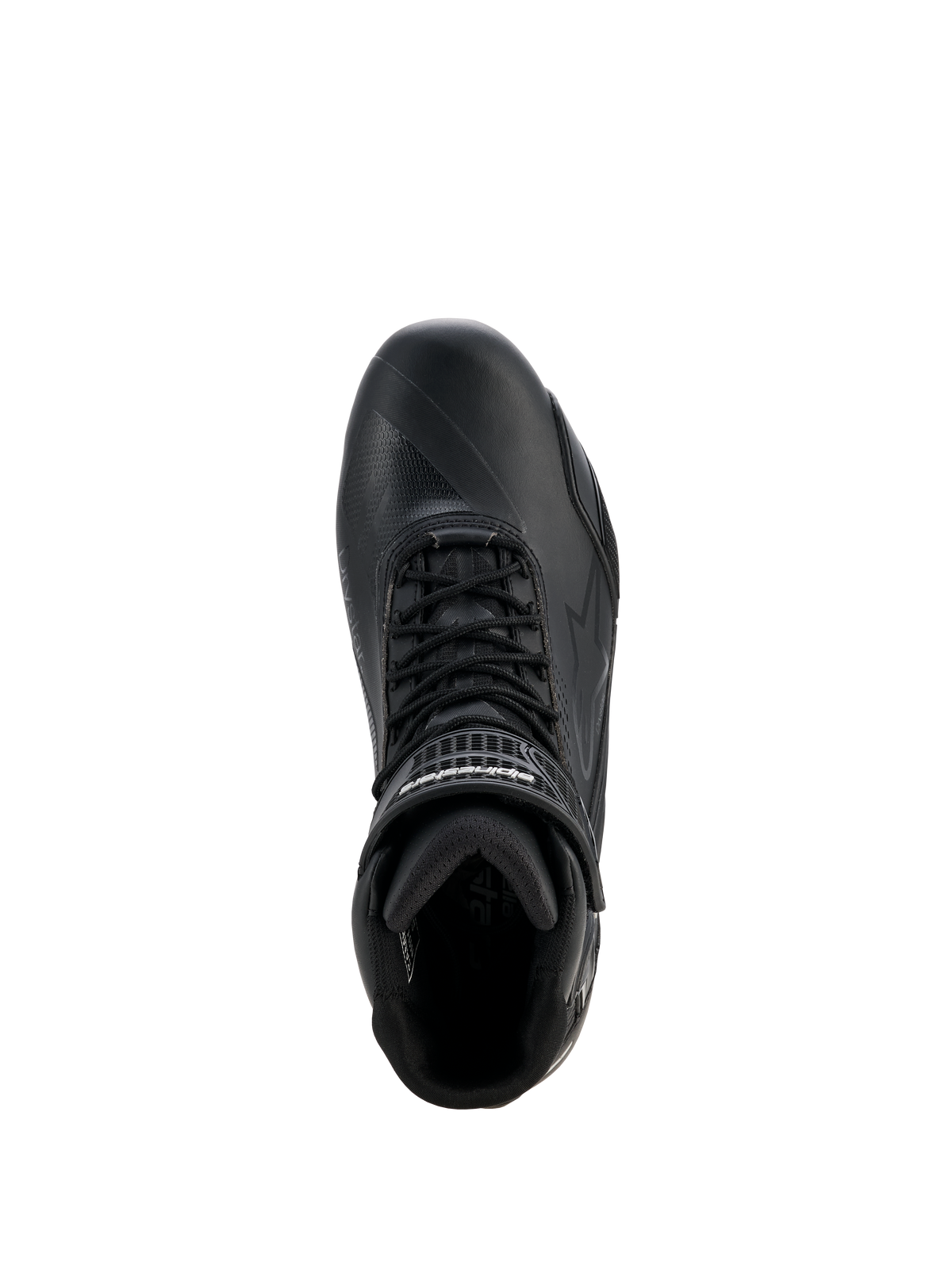 Alpinestars Stella Faster-4 Drystar® Shoes, damskie buty motocyklowe, czarno-srebrne, widok z góry ukazujący sznurowanie, pasek z rzepem na kostce oraz wodoodporną konstrukcję z mikrofibry