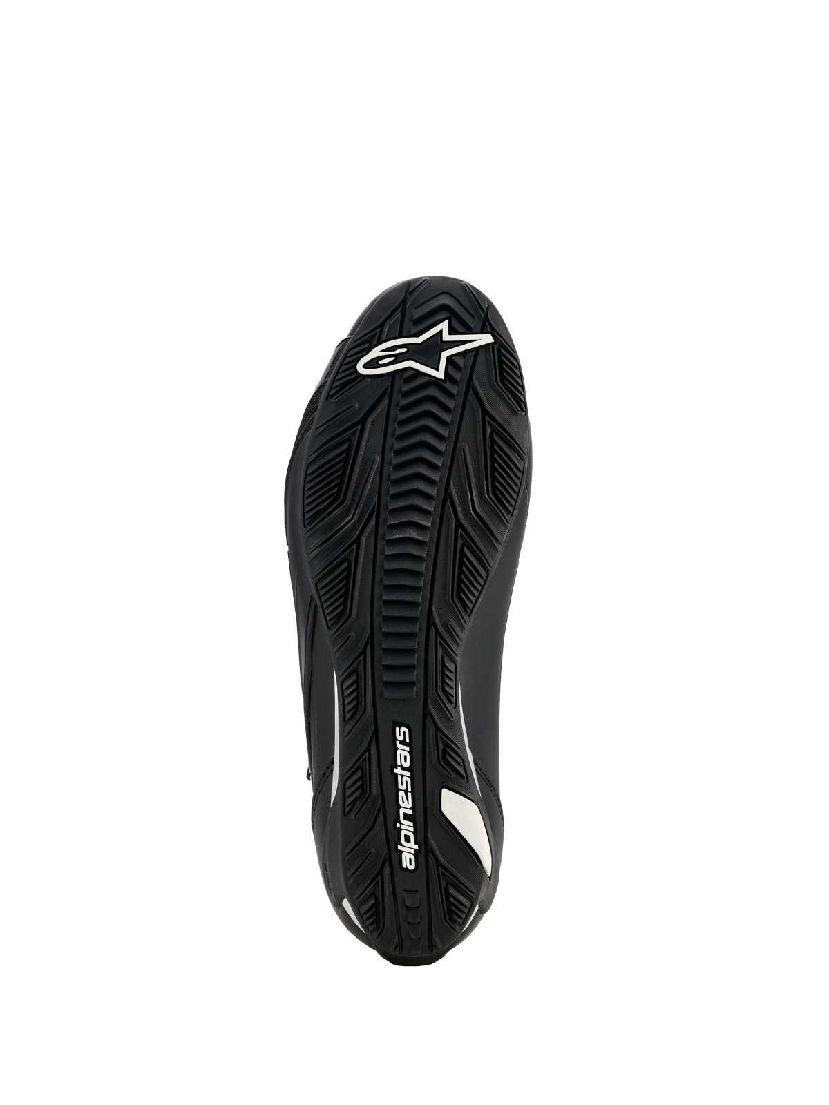Buty damskie Alpinestars Stella Faster-4 Drystar, buty motocyklowe, czarne, widok podeszwy przedstawiający teksturowaną gumową podeszwę zewnętrzną z białym logo i brandingiem Alpinestars, zaprojektowane dla doskonałej przyczepności i trwałości.