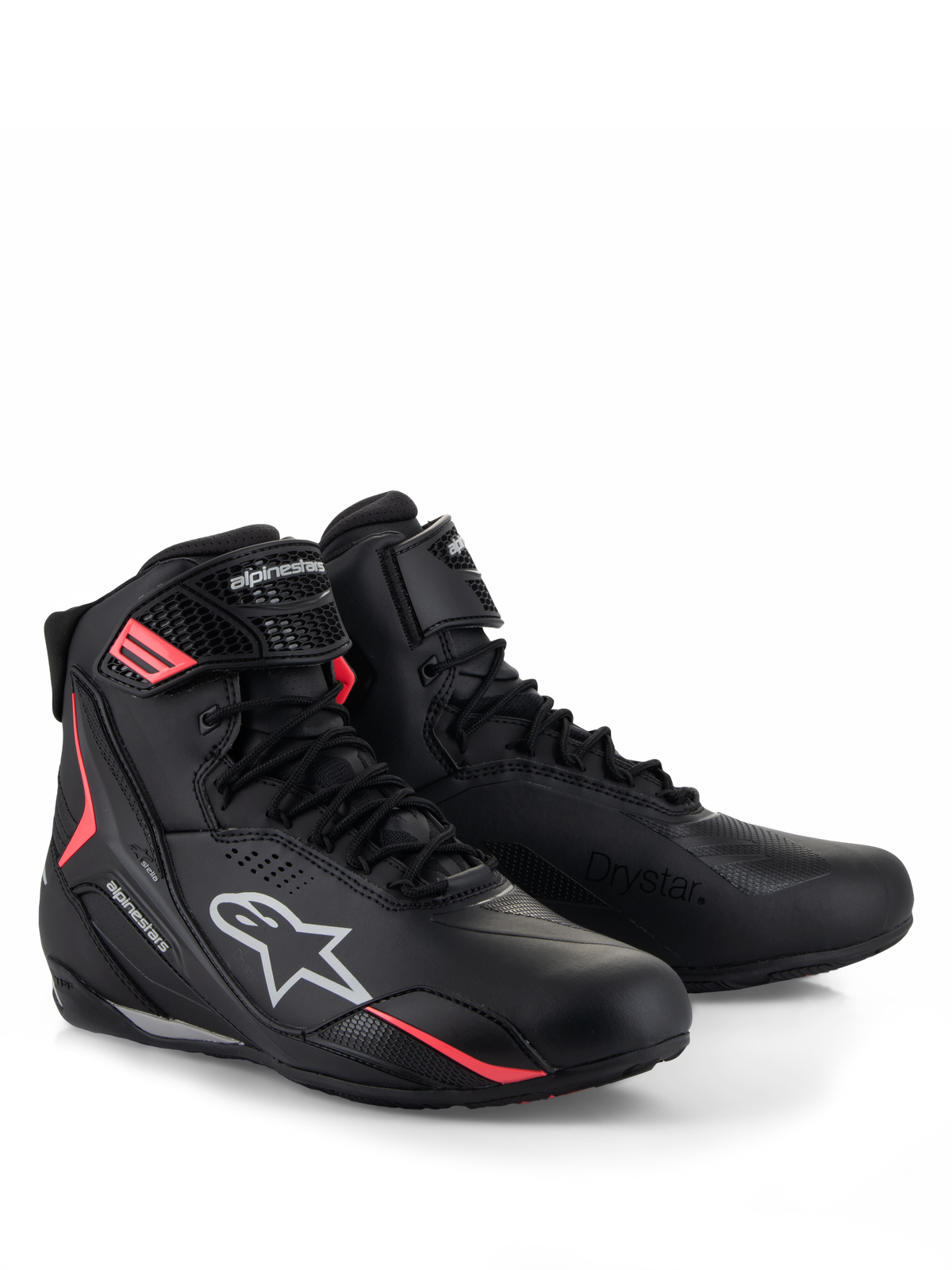 Alpinestars Stella Faster-4 Drystar® Shoes, Women's Motorcycle Riding Shoes, Black Gray and Coral Fluo, featuring waterproof Drystar® technology, lace-up closure with secure hook-and-loop strap, and vibrant coral accents with white Alpinestars branding