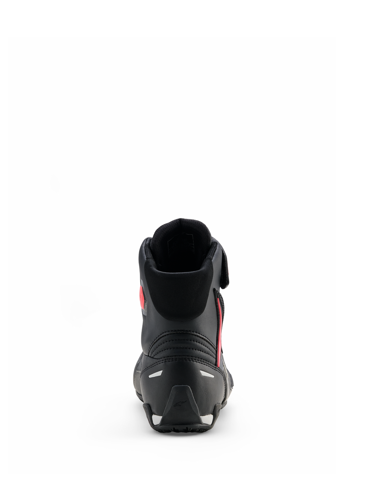 Alpinestars Woman Stella Faster-4 Drystar® Shoes, Black Gray Coral Fluo, rear view showing heel support and reflective accents, waterproof motorcycle riding shoes with a sports-inspired design for women