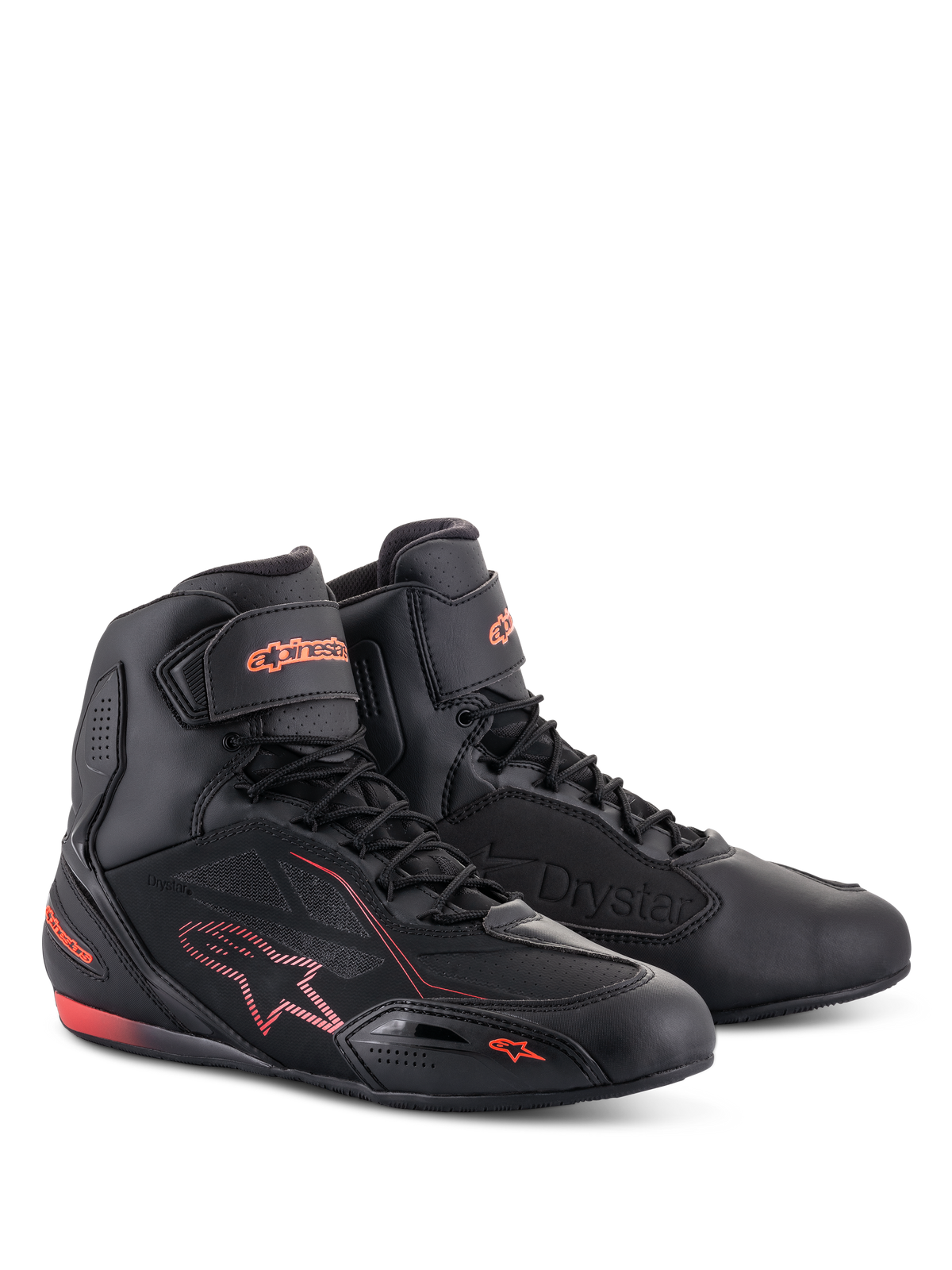 Alpinestars Faster-3 Drystar® Shoes, buty motocyklowe, czarne i czerwone fluo, wysoki profil ze sznurowanym zapięciem i paskiem na kostce, konstrukcja z mikrowłókna z fluorescencyjnym czerwonym logo i akcentami.