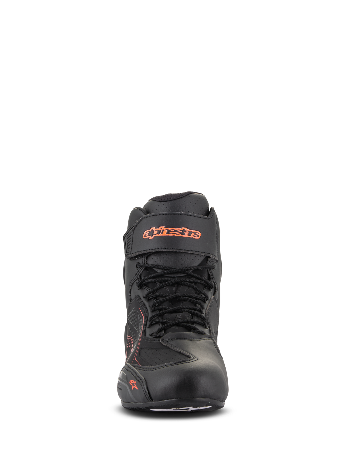 Buty Alpinestars Faster-3 Drystar®, czarno-czerwone fluo, widok z przodu, wodoodporne buty motocyklowe z konstrukcją z mikrowłókna, sznurowane z paskiem na rzep przy kostce, fluorescencyjne logo