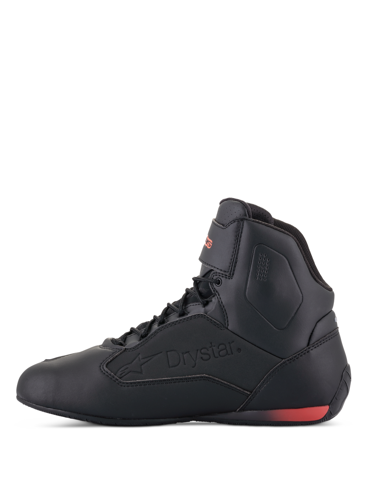 Alpinestars Faster-3 Drystar® Shoes, buty motocyklowe, czarne z czerwonymi akcentami fluo, widok z profilu z wytłoczonym logo Drystar i czerwonym fluorescencyjnym akcentem na pięcie, smukła konstrukcja z mikrowłókna do jazdy miejskiej i szosowej